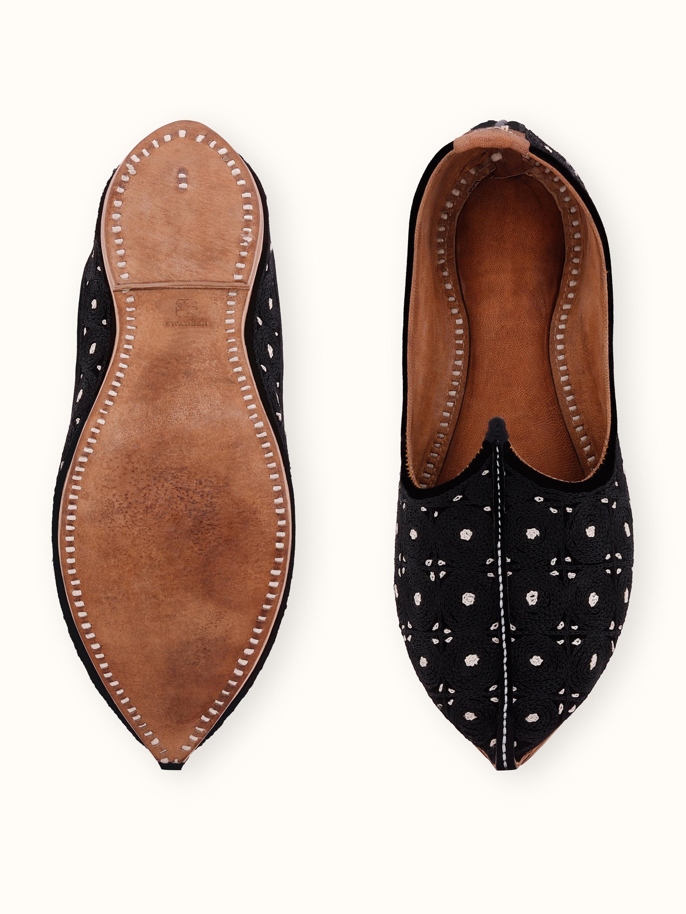Top view of Black Leather Embroidered Jodhpuri Pagrakha with detailed embroidery and embellishments.