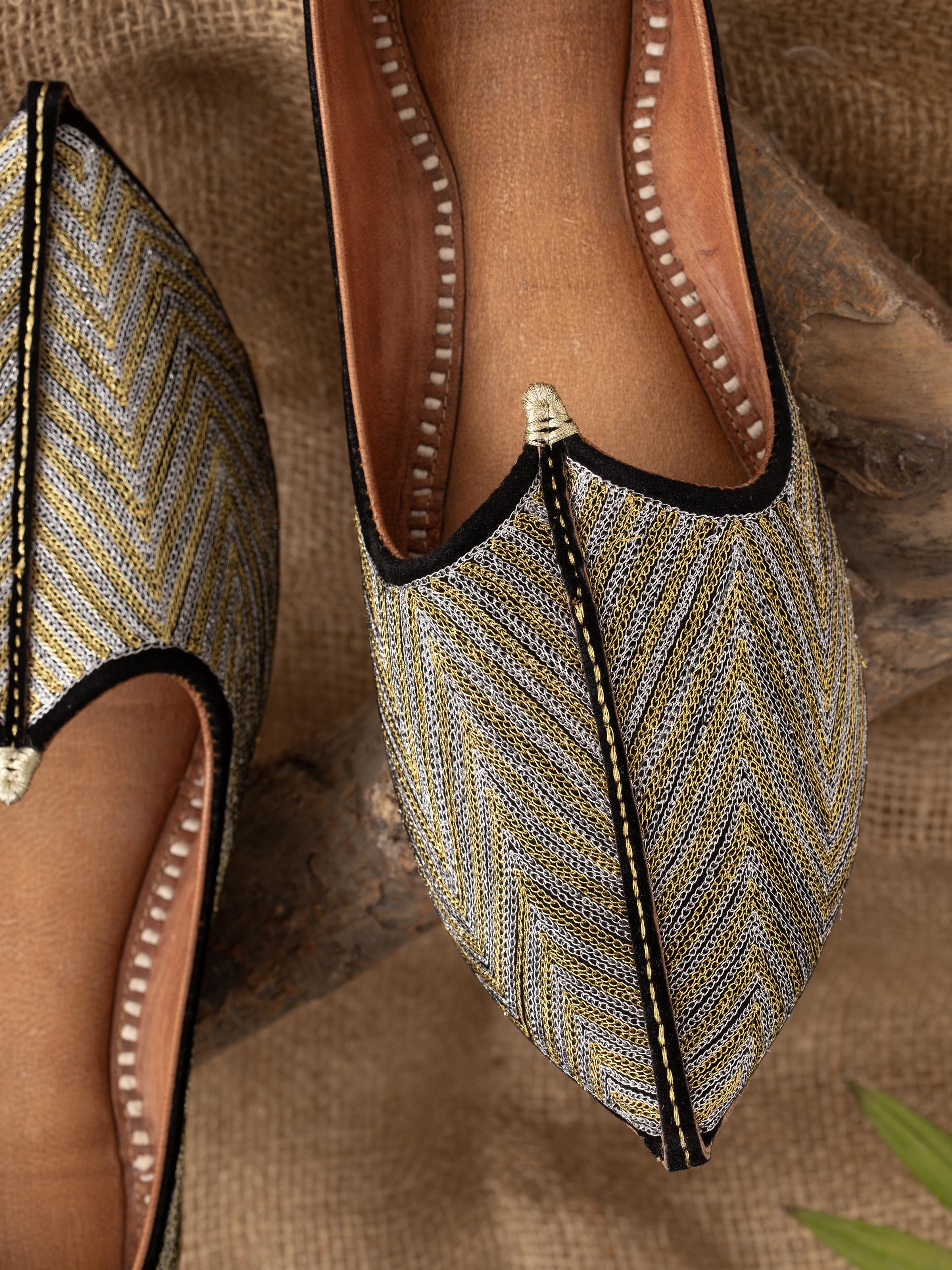 Close-up of Black Leather Embroidered Jodhpuri Pagrakha focusing on the fine embroidery details.