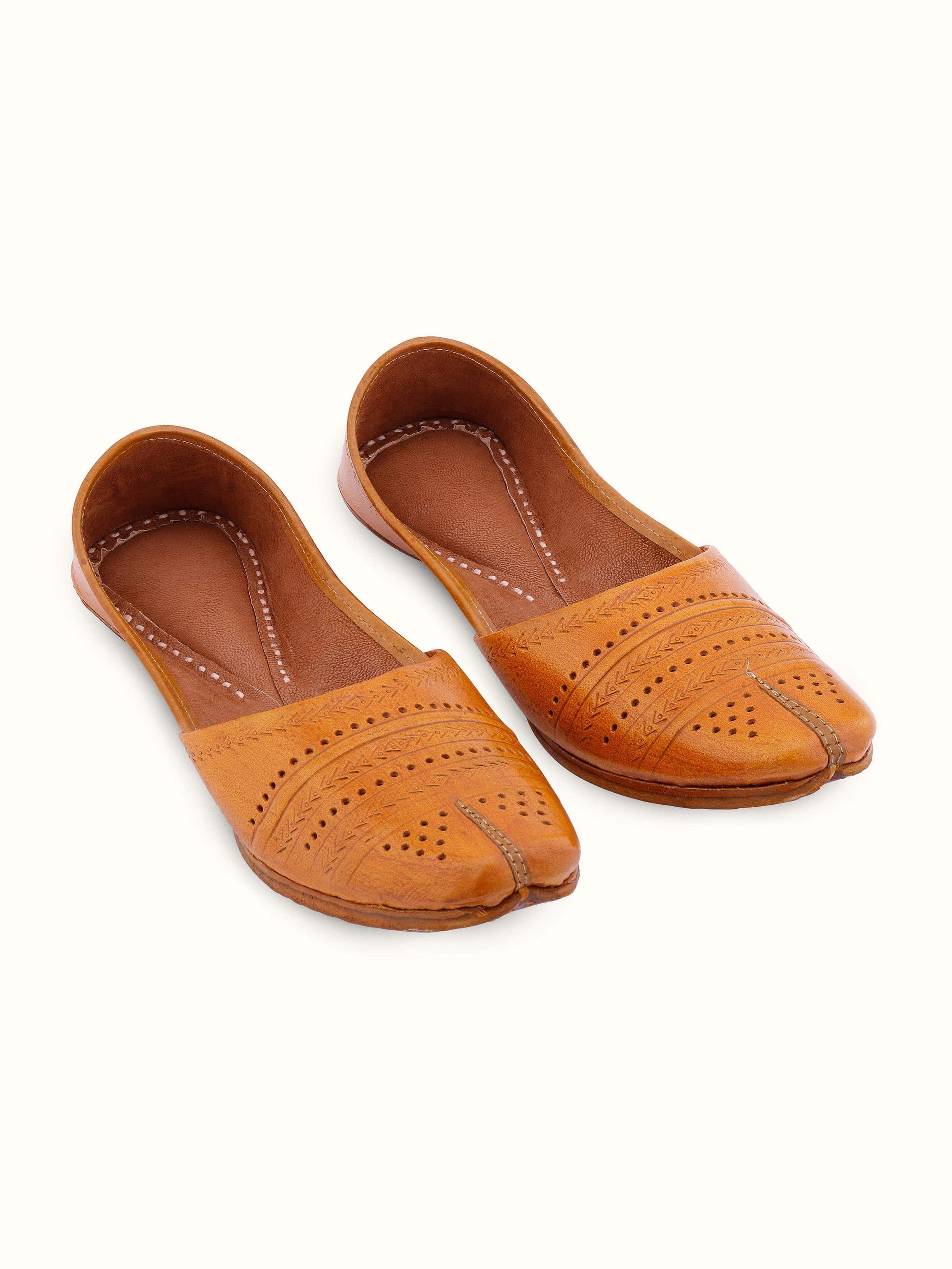 Front view of Tan Leather Haryana Punjabi Juttis highlighting the traditional design and craftsmanship.