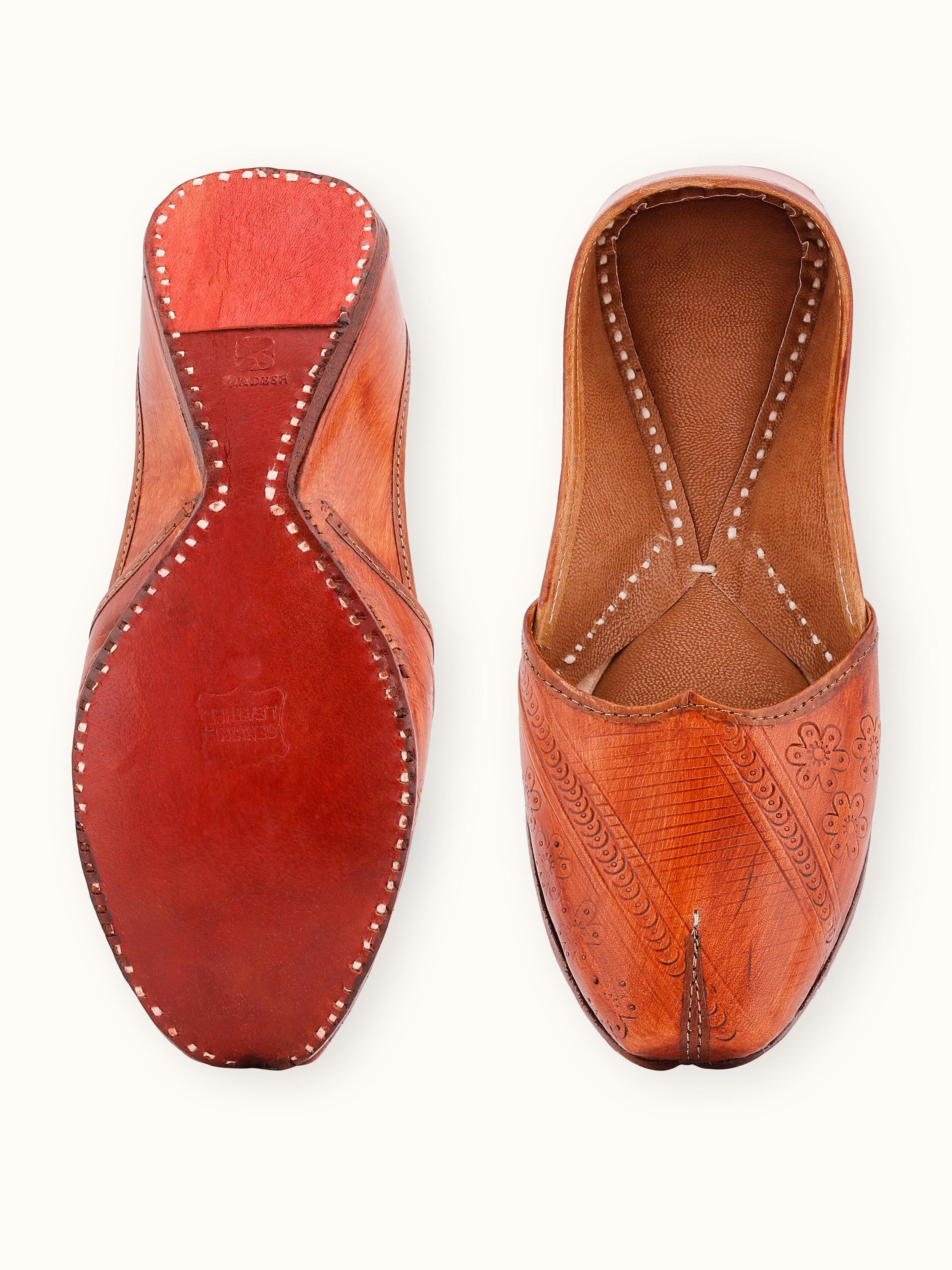 Top view of Tan Leather Haryana Punjabi Juttis showing the interior lining and overall shape.