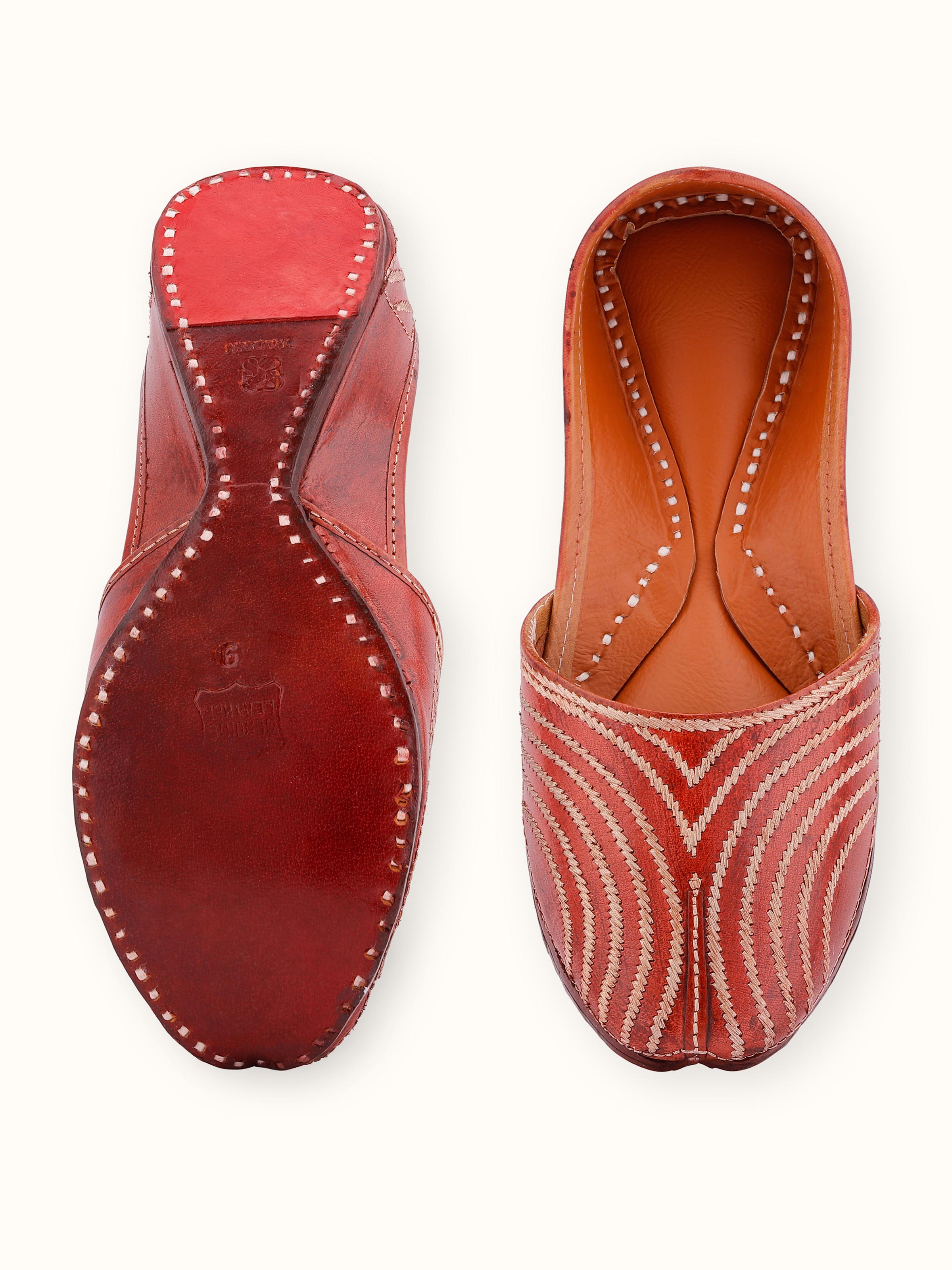 Detailed view of brown leather embroidered punjabi juttis emphasizing the fine embroidery work