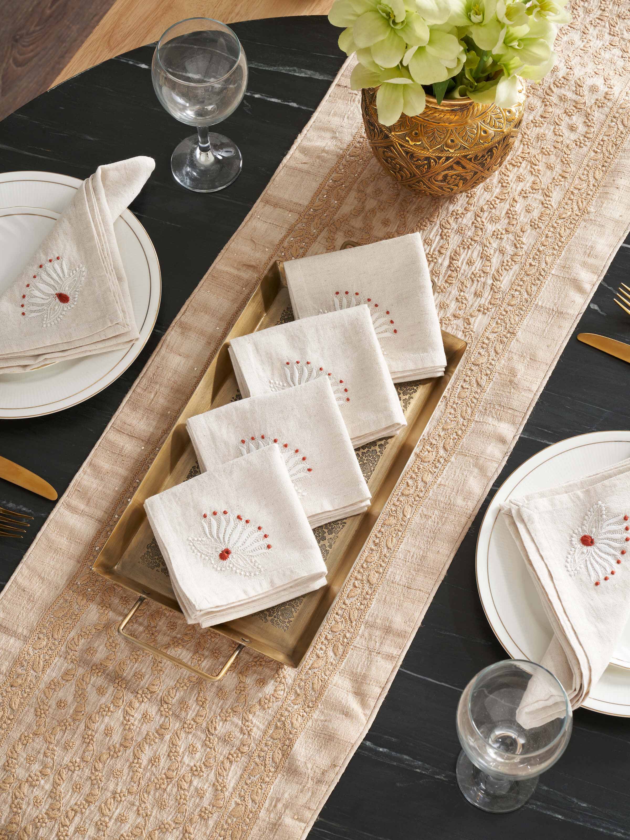 Close-up of Hasu Pink Floral Cotton Flax Chikankari Dinner Napkins (6 pcs), featuring the intricate floral Chikankari embroidery.