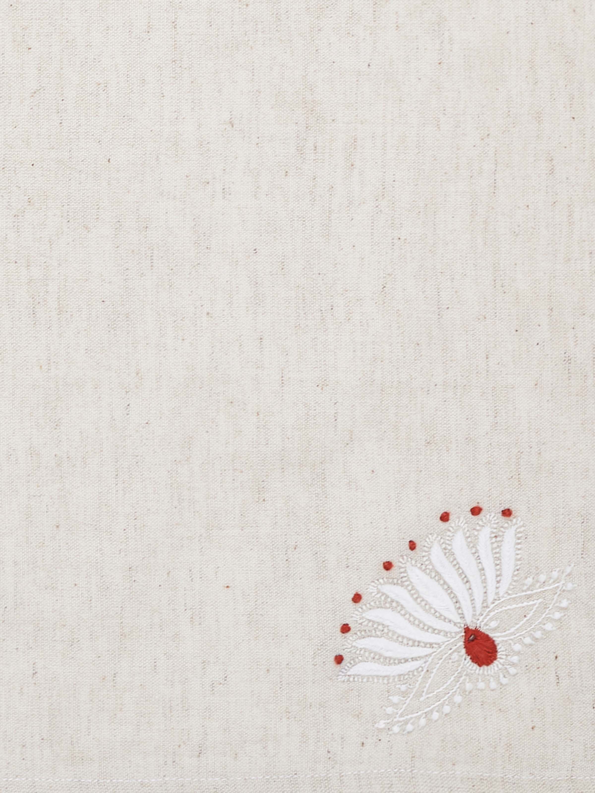 Angled view of Hasu Pink Floral Cotton Flax Chikankari Dinner Napkins (6 pcs), showing the design and texture of the napkins.