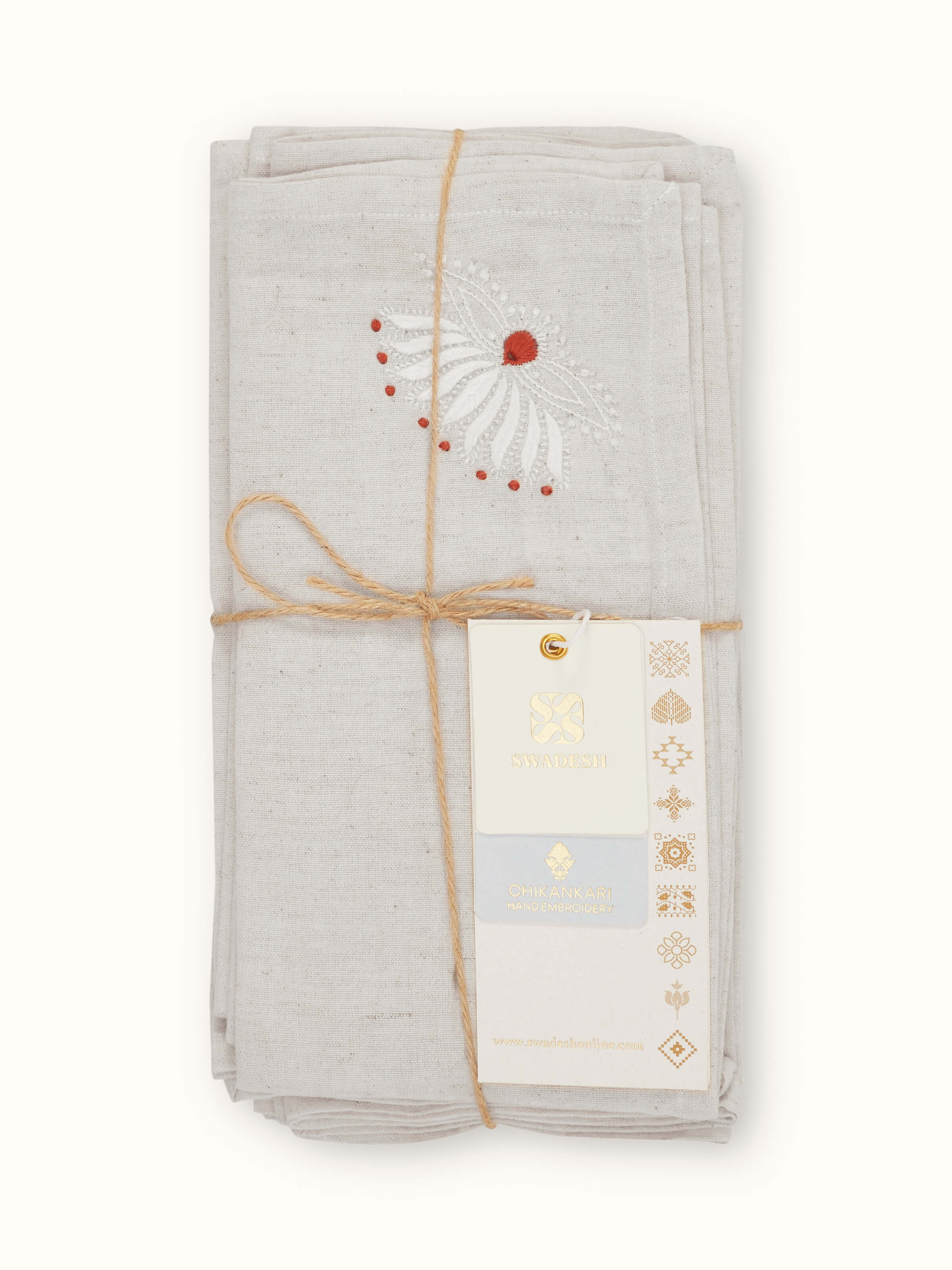 Detailed close-up of Hasu Pink Floral Cotton Flax Chikankari Dinner Napkins (6 pcs), emphasizing the quality of the Chikankari embroidery.