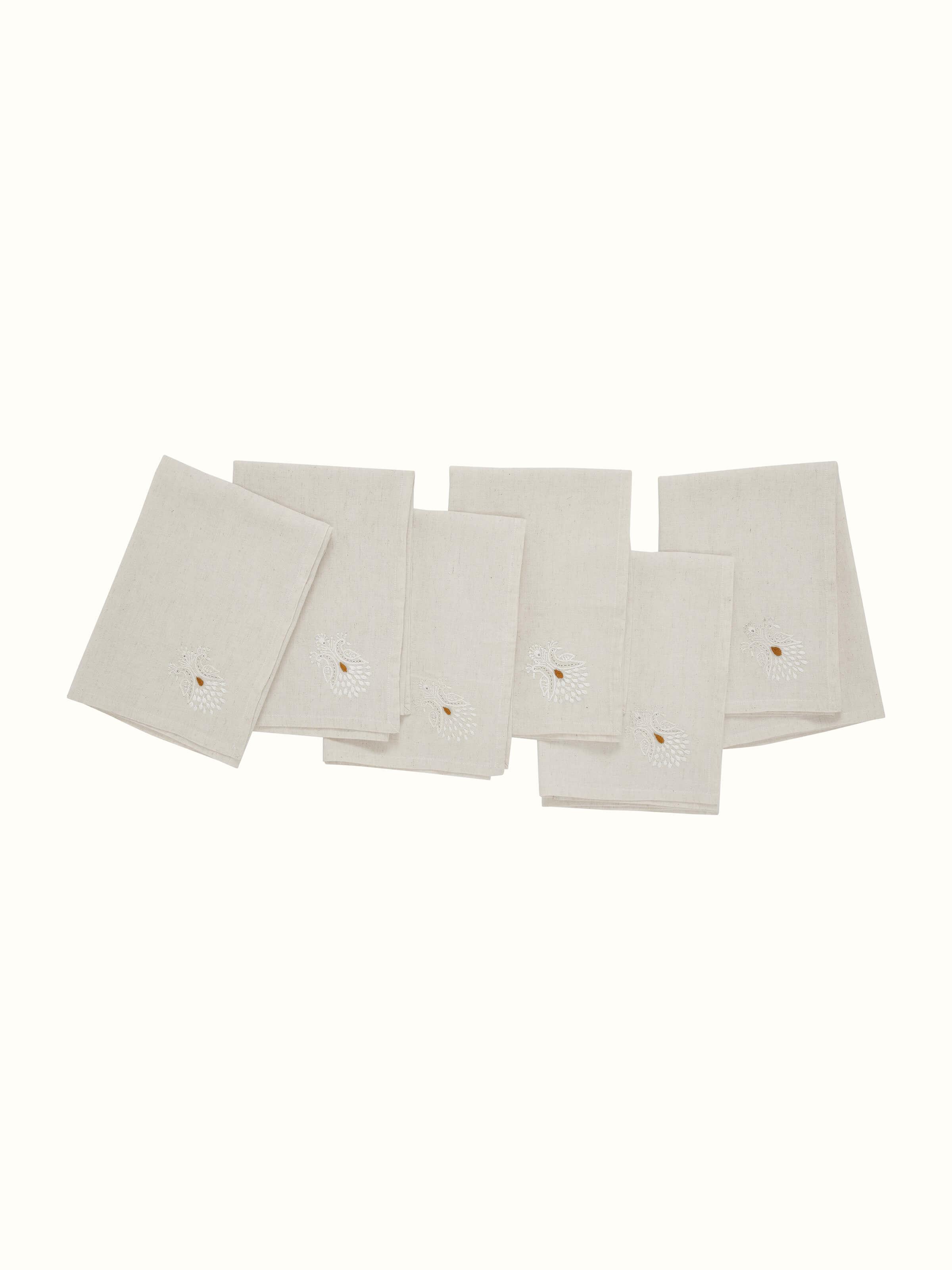 Full set view of Iti mustard floral cotton flax Chikankari dinner napkins (6 pcs) displaying all napkins together