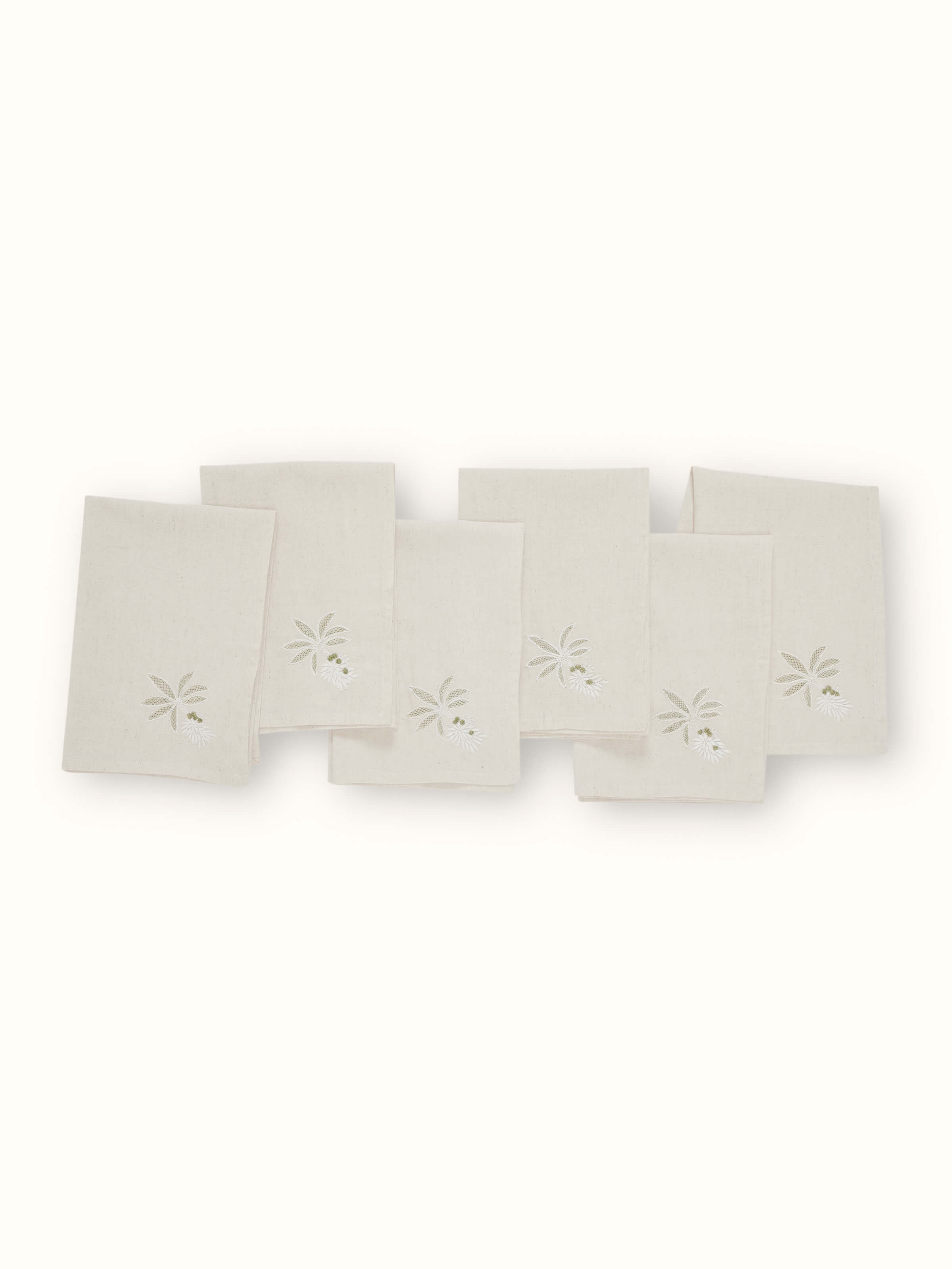 Full view of Kadal green floral cotton flax Chikankari dinner napkins (6 pcs), showcasing a green floral design with Chikankari embroidery.