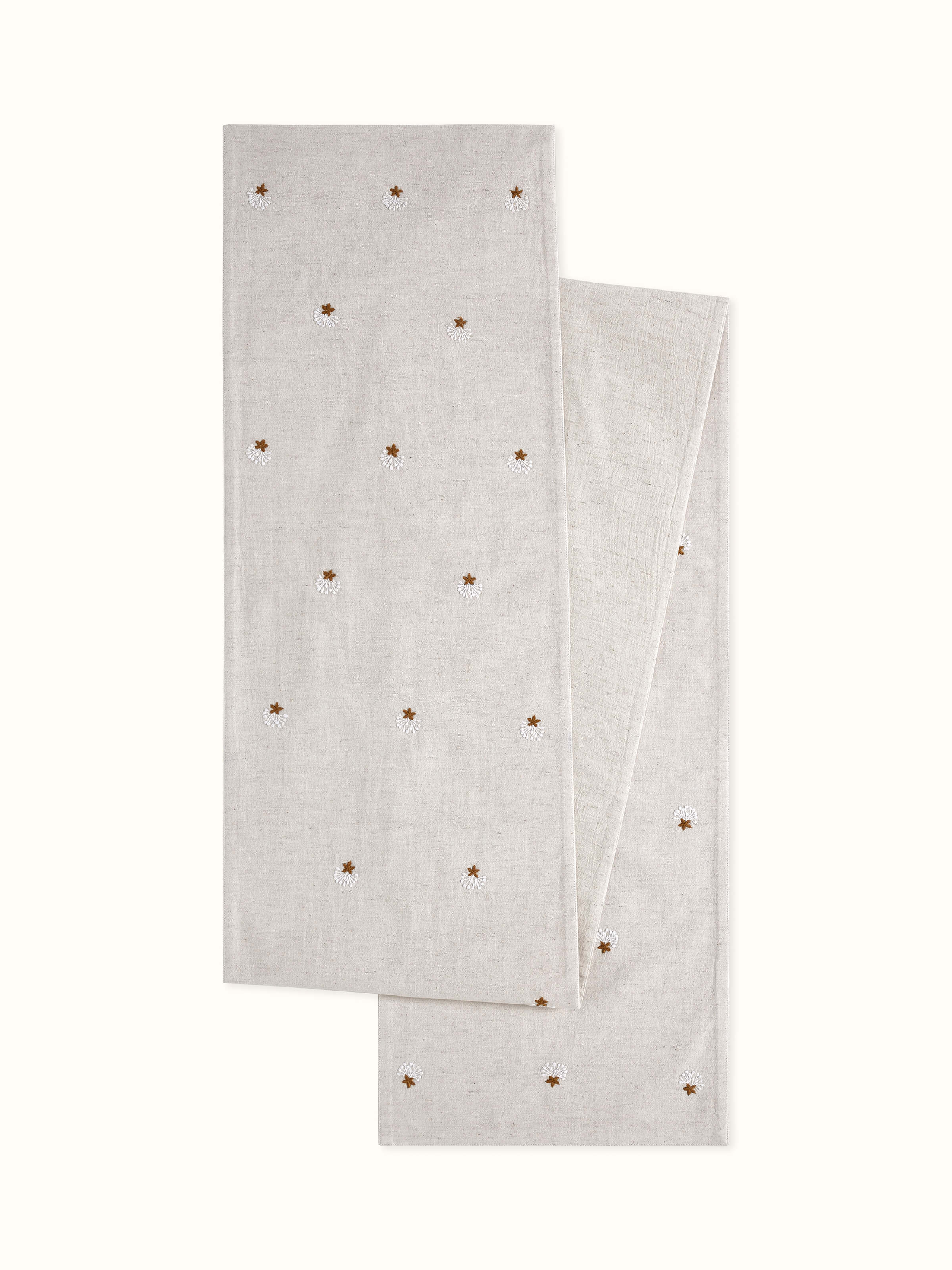 Front view of Iti Buti Beige Floral Table Runner with Chikankari embroidery on cotton flax