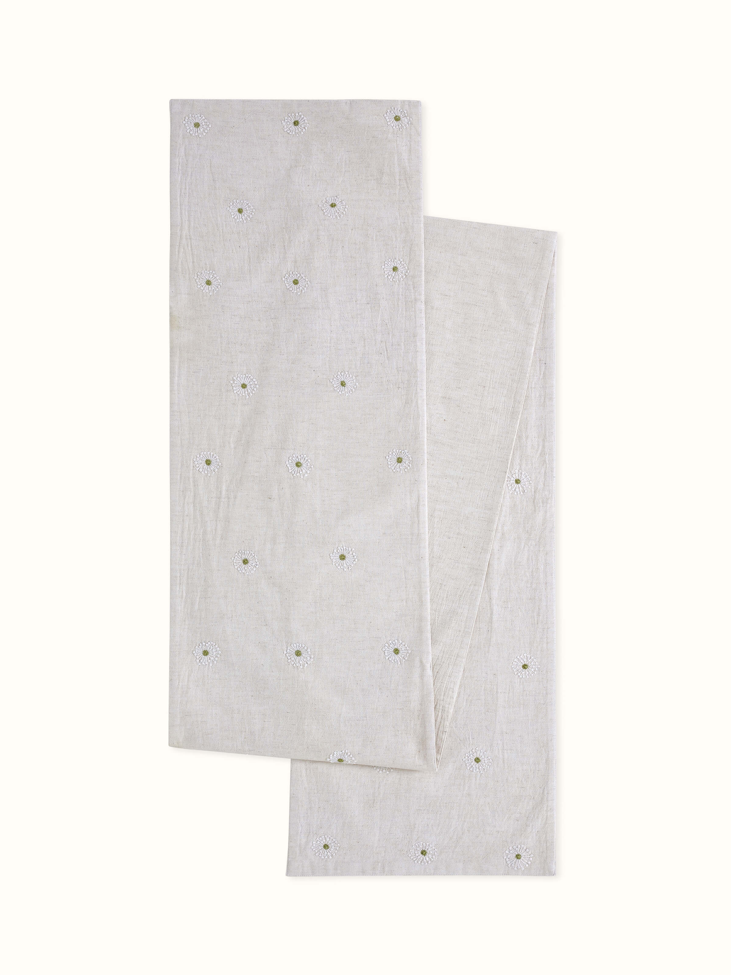 Front view of off-white cotton flax table runner with floral Chikankari embroidery for 6-seater.