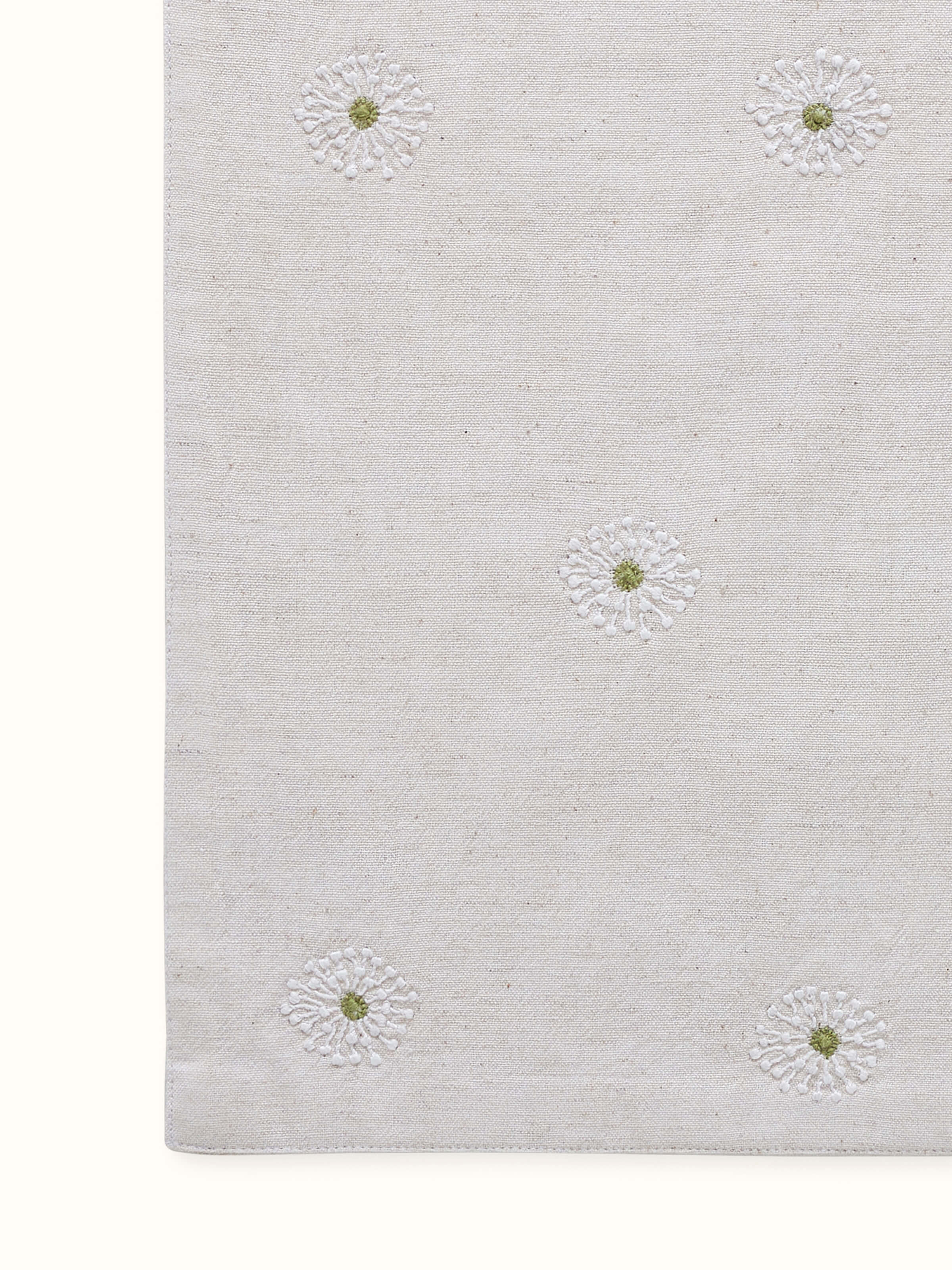 Detail shot of hand-embroidered floral Chikankari on textured cotton flax fabric.