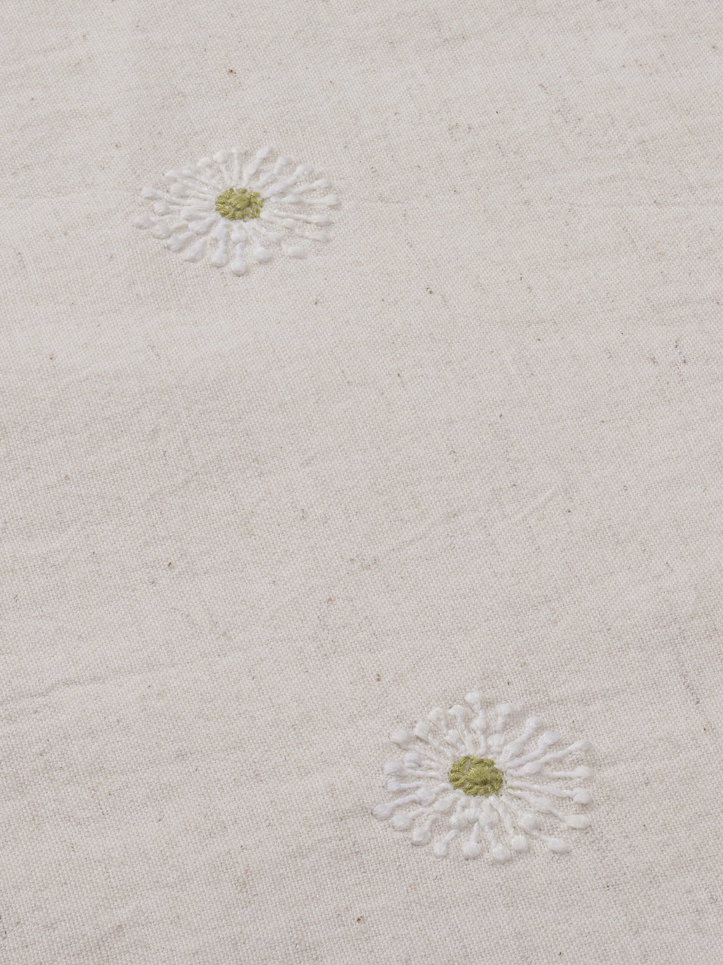 Detail shot of embroidery threadwork and fabric weave.