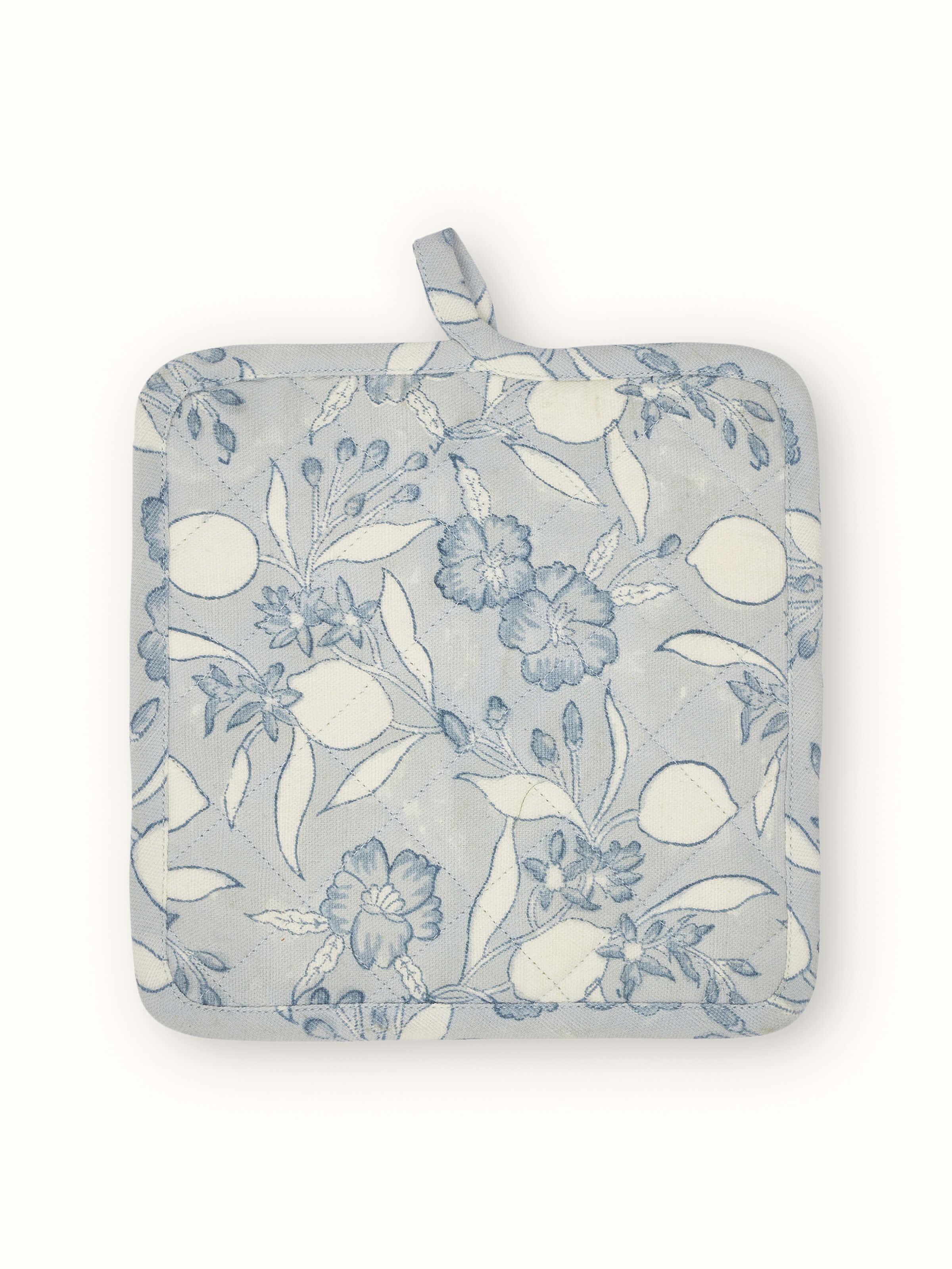 Anika light blue floral cotton Sanganeri block printed pot holder featuring a floral design in light blue.