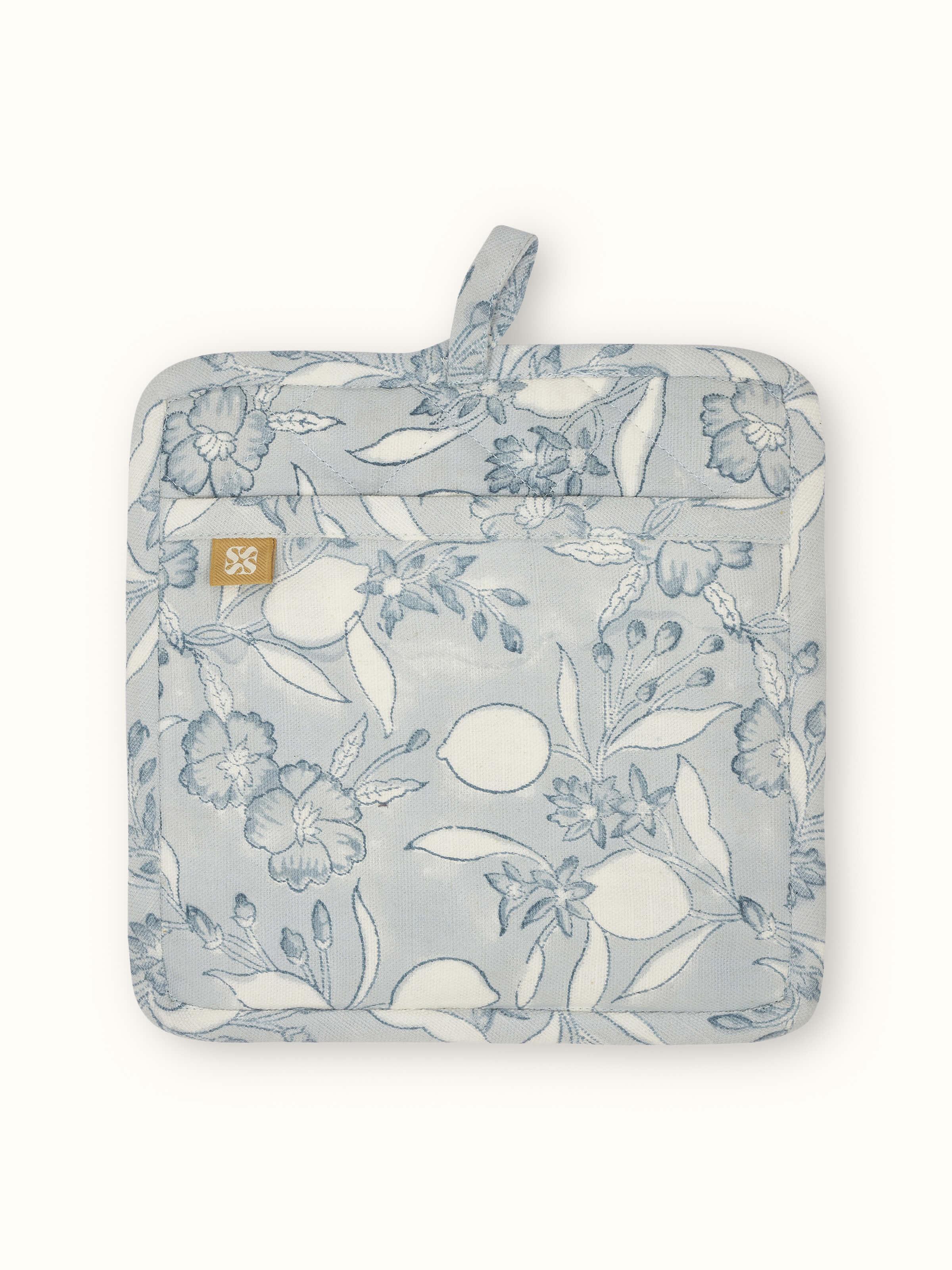 Anika light blue floral cotton Sanganeri block printed pot holder folded to show the floral print and fabric quality.