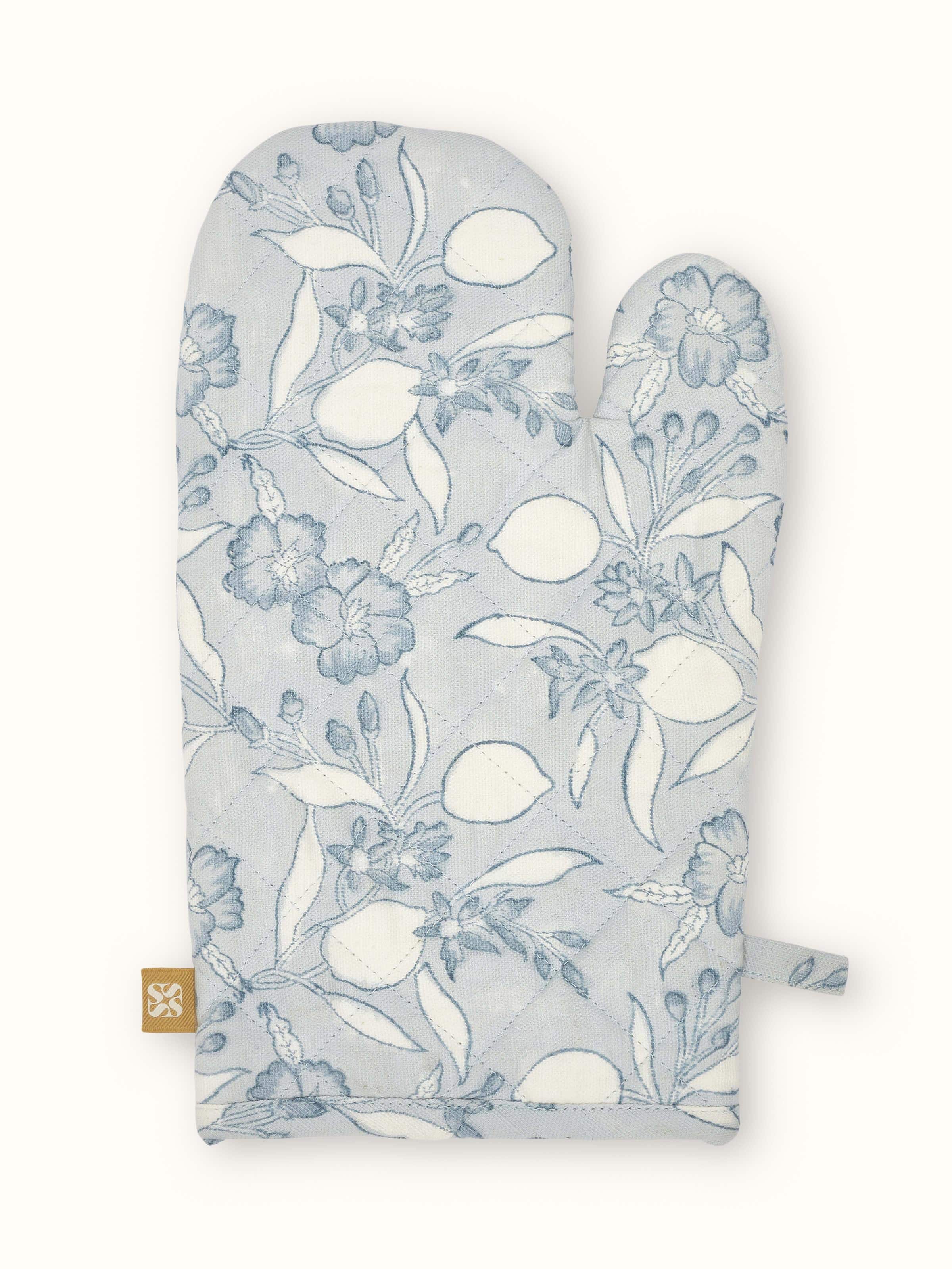 Front view of Anika Light Blue Floral Cotton Sanganeri Block Printed Oven Mitts displaying floral block print