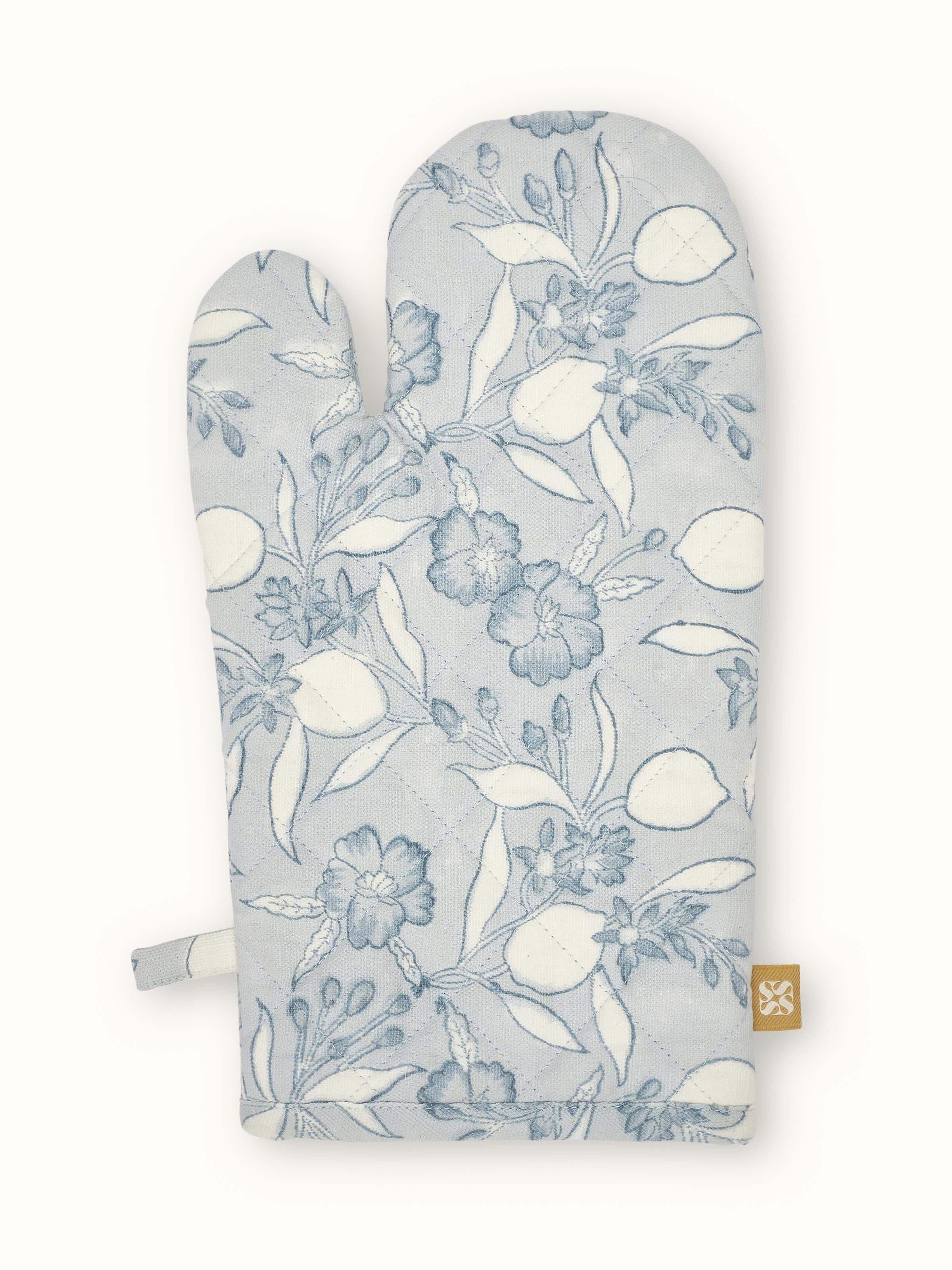 Close-up of Anika Light Blue Floral Cotton Sanganeri Block Printed Oven Mitts highlighting floral design