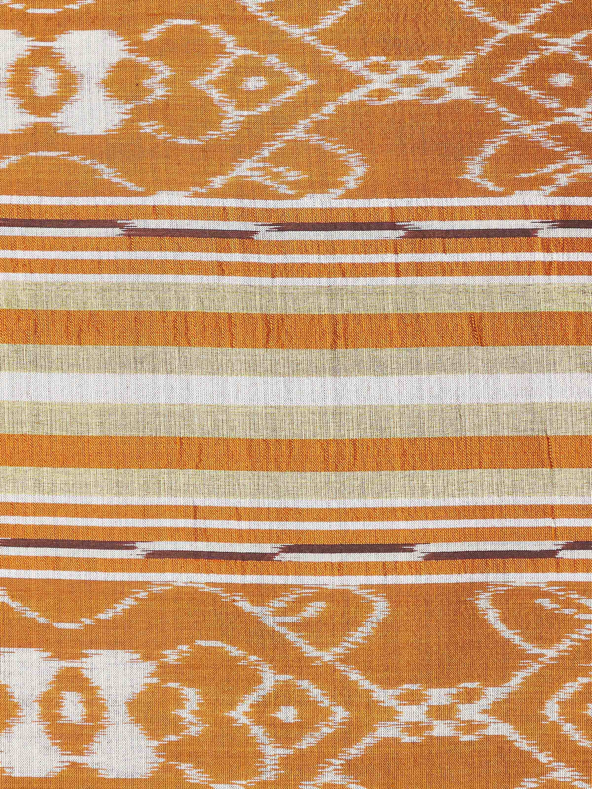 Detailed close-up of Sanchaya rust border stripe silk Odisha ikat handloom cushion cover, emphasizing the texture and stripe pattern.