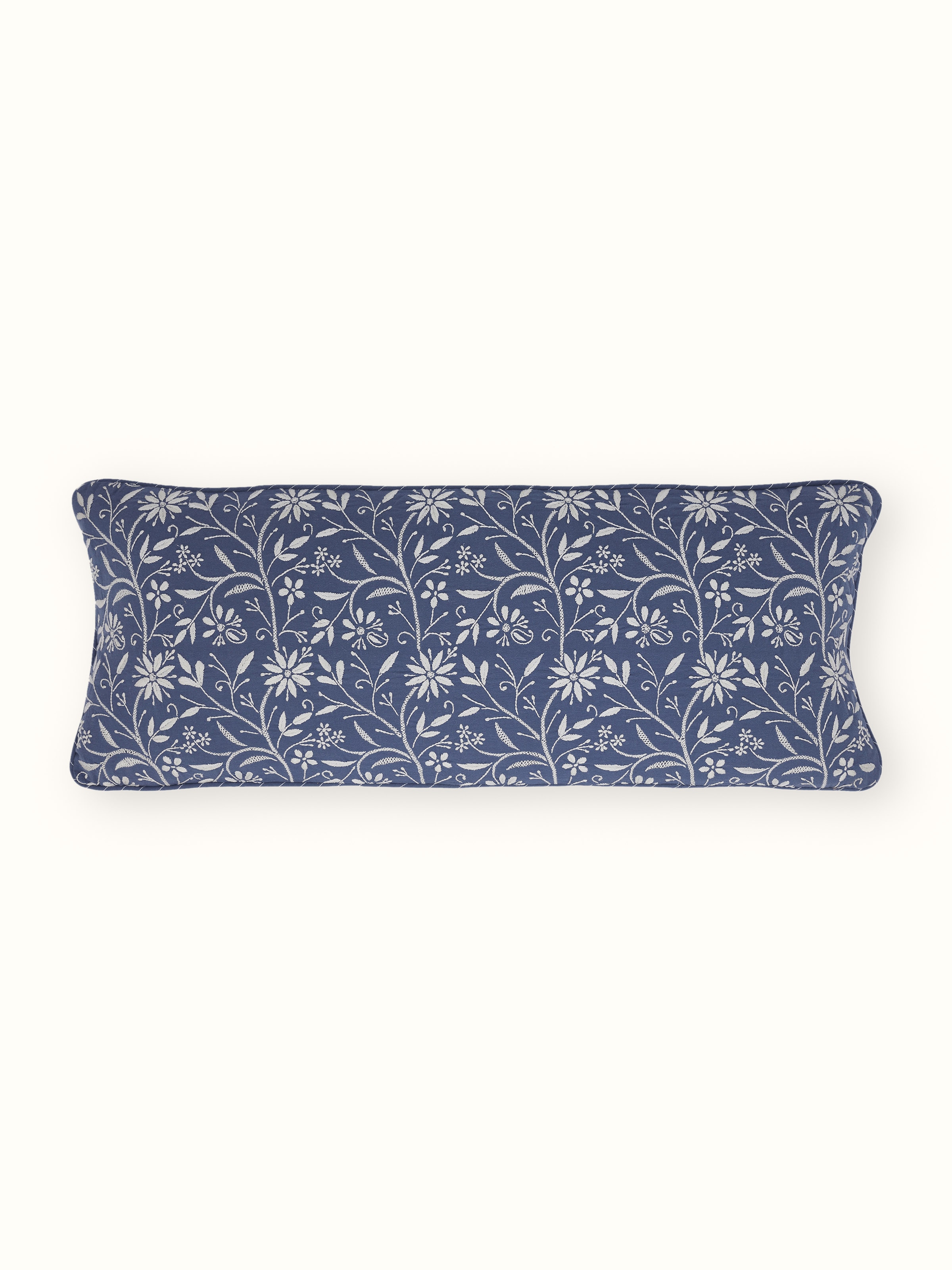 Front view of Rann blue Jaal Chikankari cushion cover with floral hand embroidery.