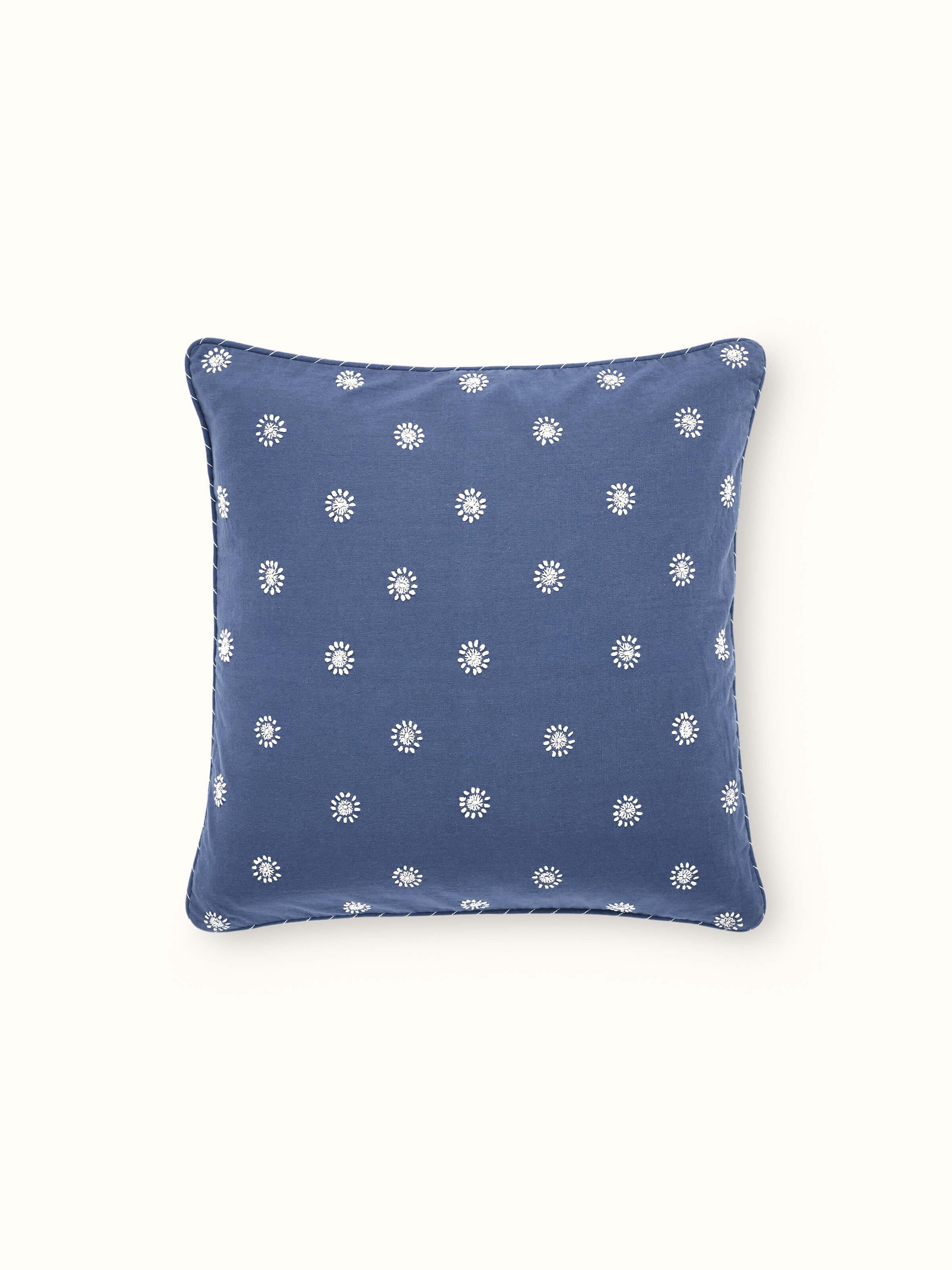 Front view of blue Chikankari embroidered cushion cover with delicate buti work on cotton fabric.