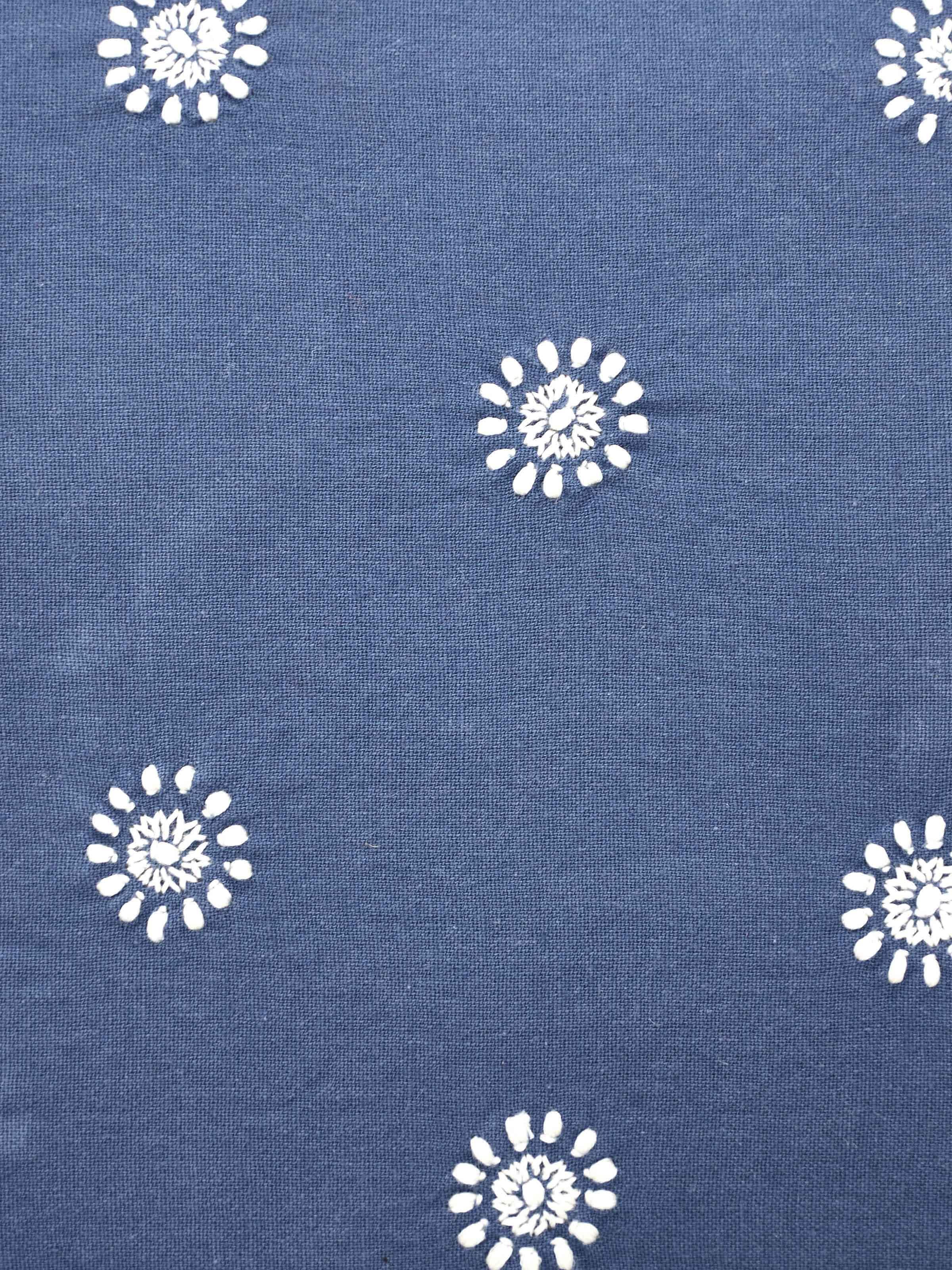 Detail shot of fine Buti motifs in hand-stitched threadwork.