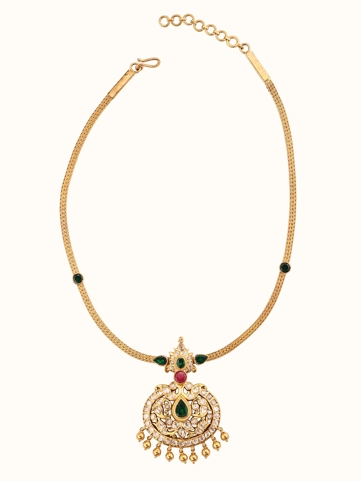 Front view of Kundala Velai 22 Karat Gold Collar Necklace showing intricate gold work