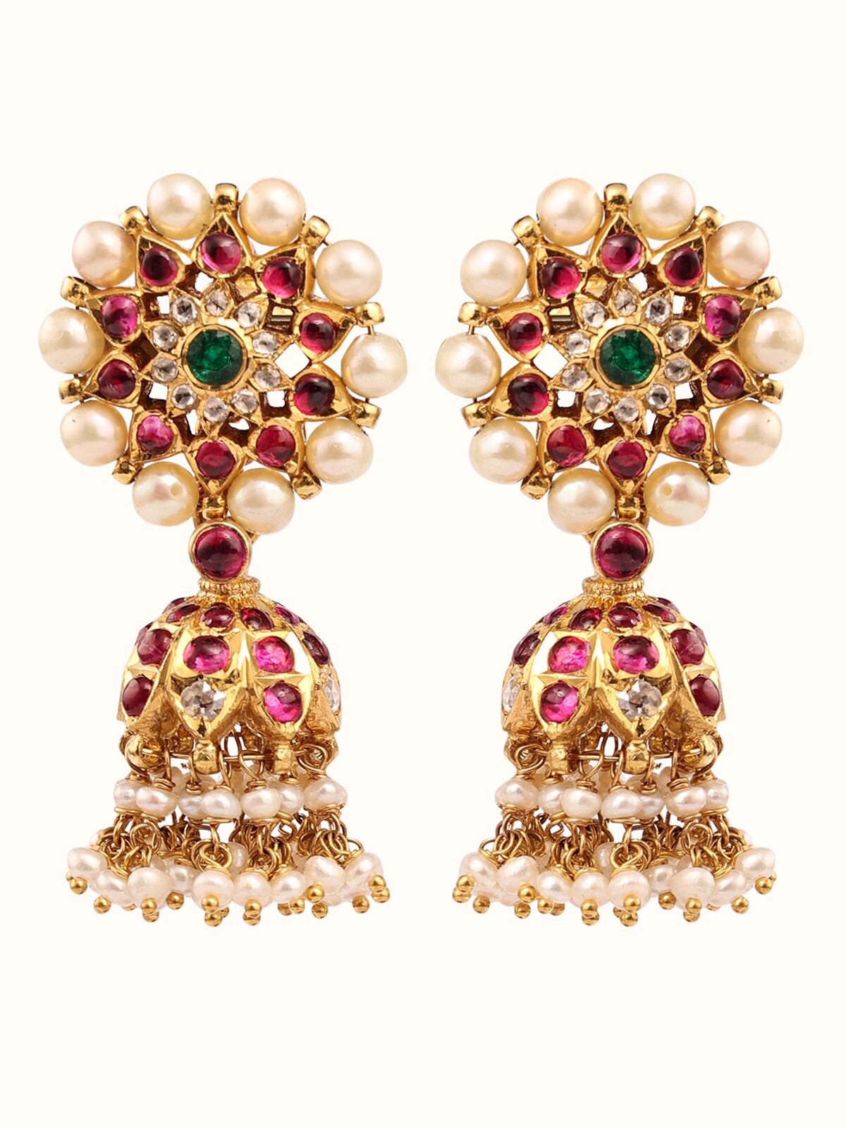 Overhead view of Kundala Velai 22 Karat Gold Jhumkas showcasing intricate gold design and craftsmanship.