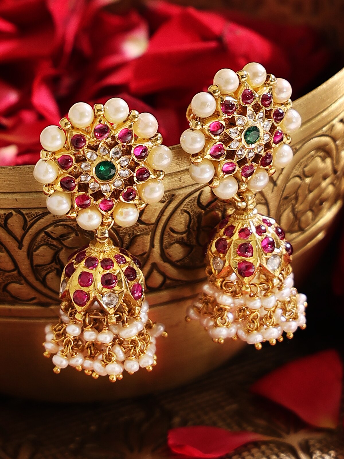 Close-up of Kundala Velai 22 Karat Gold Jhumkas highlighting their elegant gold detailing and intricate design.