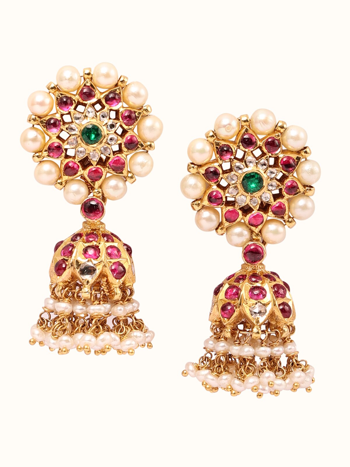 Side view of Kundala Velai 22 Karat Gold Jhumkas emphasizing their detailed gold work and elegant drop design.