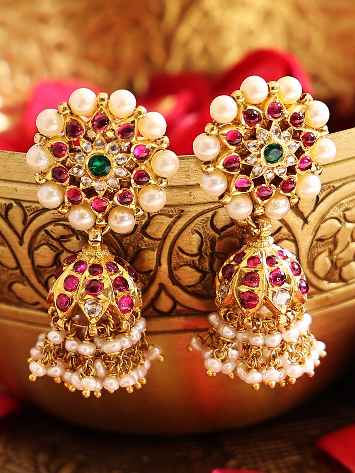 Front view of Kundala Velai 22 Karat Gold Jhumkas showcasing their luxurious gold finish and classic design.