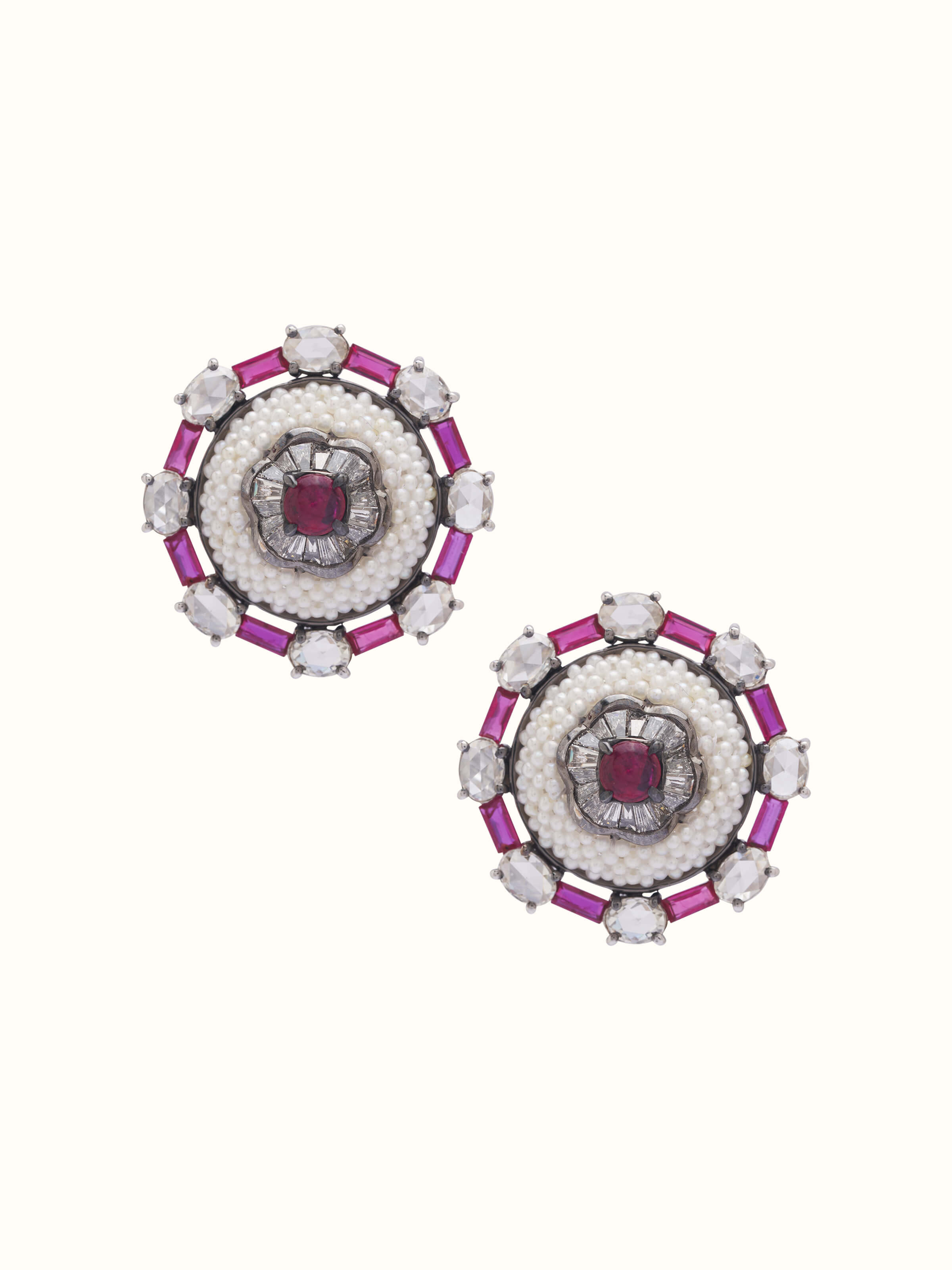 Front view of Pearl Pirohi 18 Karat Gold Studs by Swadesh featuring lustrous pearls set in luxurious gold