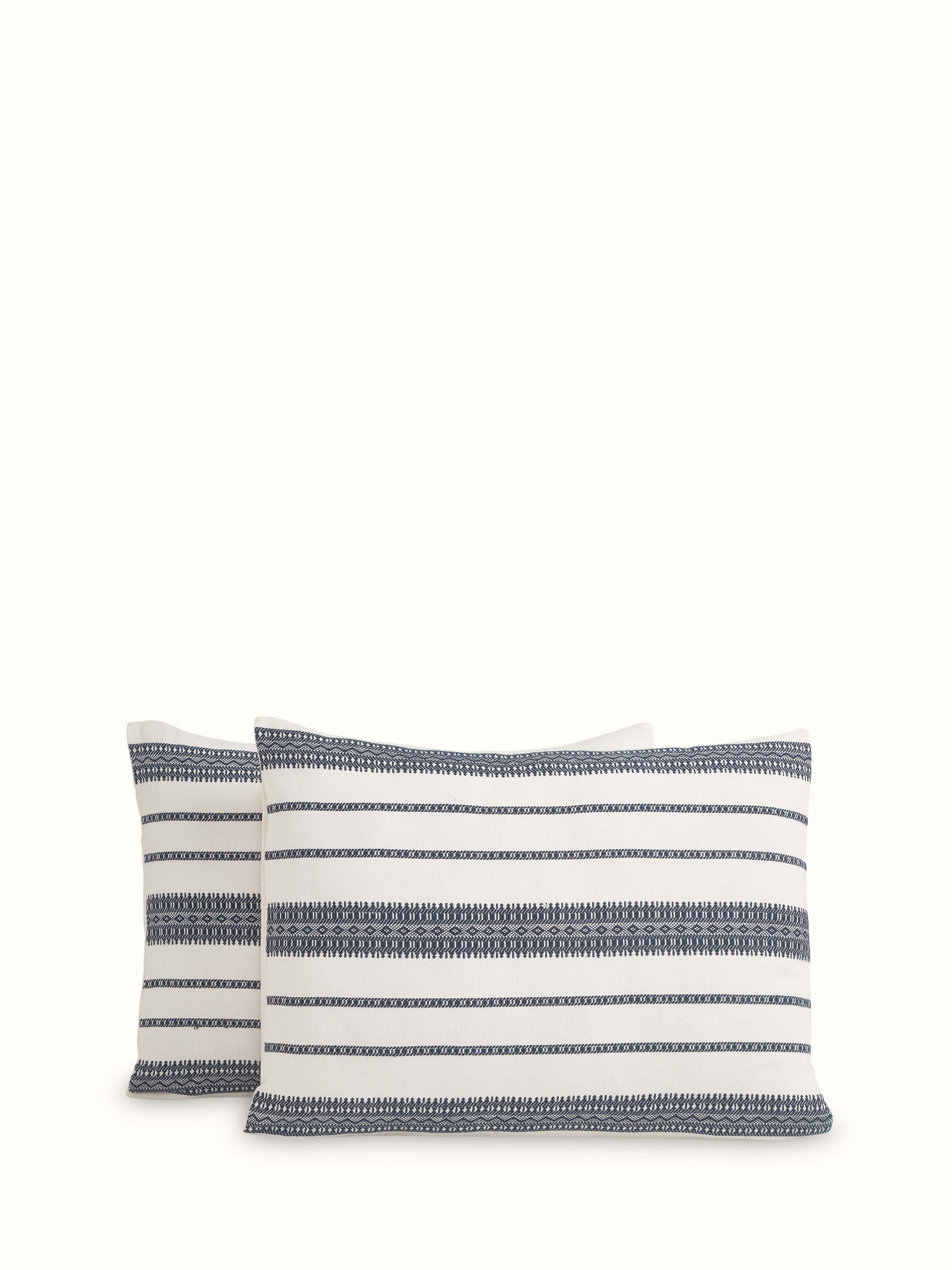 Front view of Adalaj Blue Stripe Cotton Bhujodi Extra-Weft Queen Bedspread Set (3 pcs) showcasing its design and colors.