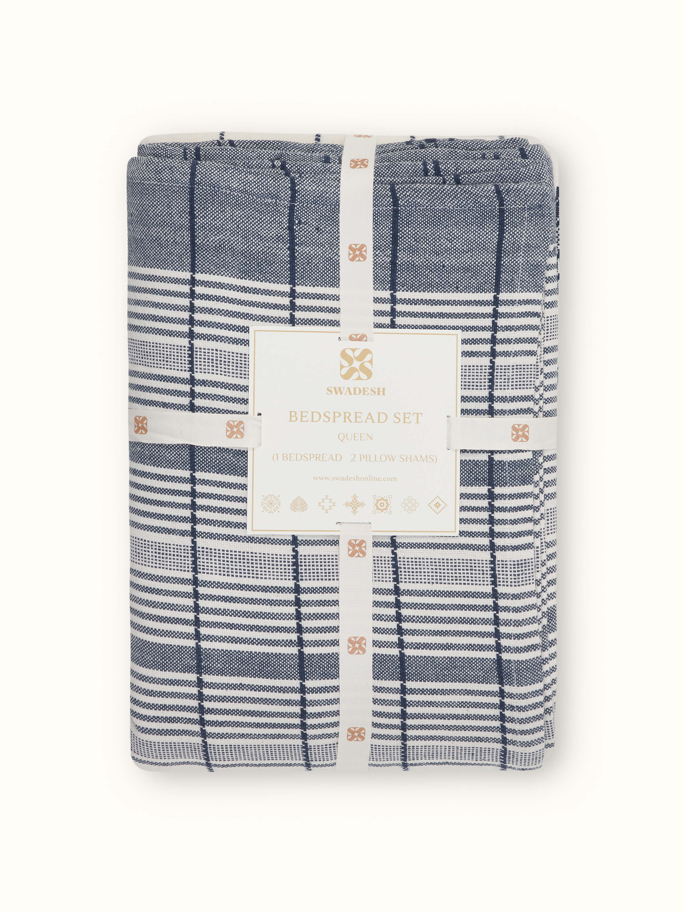 Close-up of Adalaj Blue Stripe Cotton Bhujodi Extra-Weft Queen Bedspread Set (3 pcs) featuring the intricate weaving.