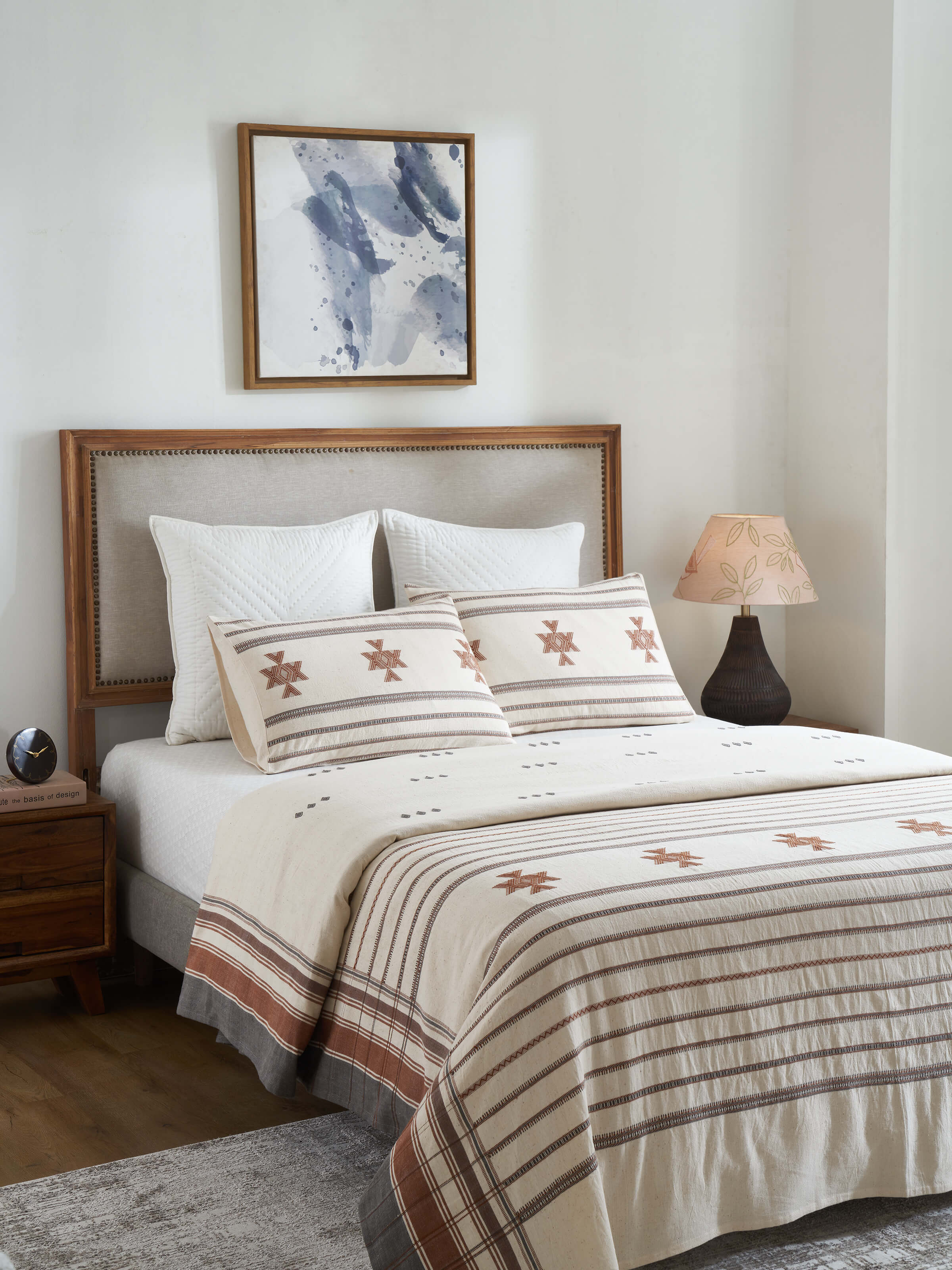 Front view of Adalaj brown geometric cotton Bhujodi extra-weft queen bedspread set (3 pcs) highlighting the full design and fabric.