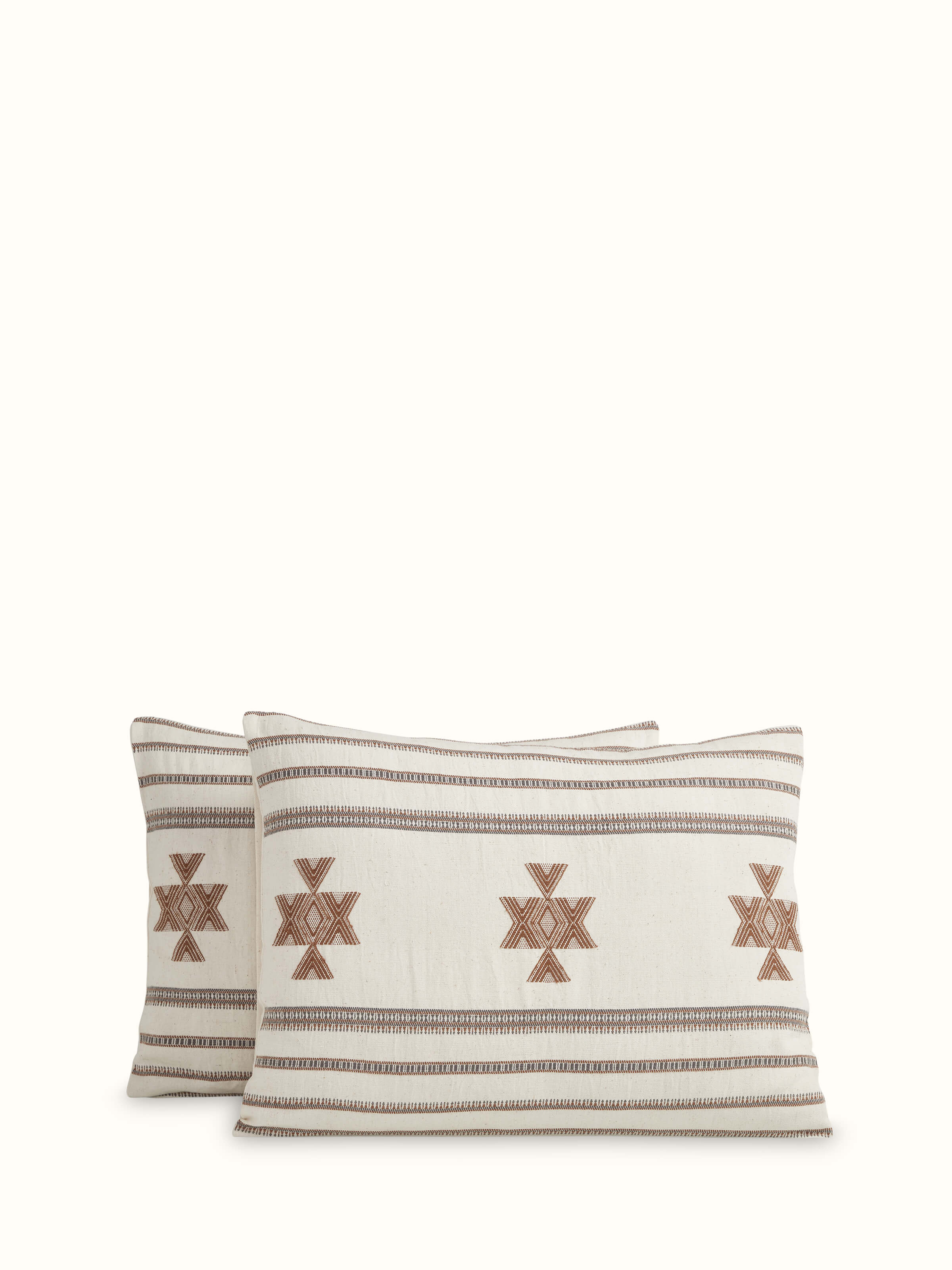 Close-up view of Adalaj brown geometric cotton Bhujodi extra-weft queen bedspread set (3 pcs) focusing on the intricate geometric patterns.