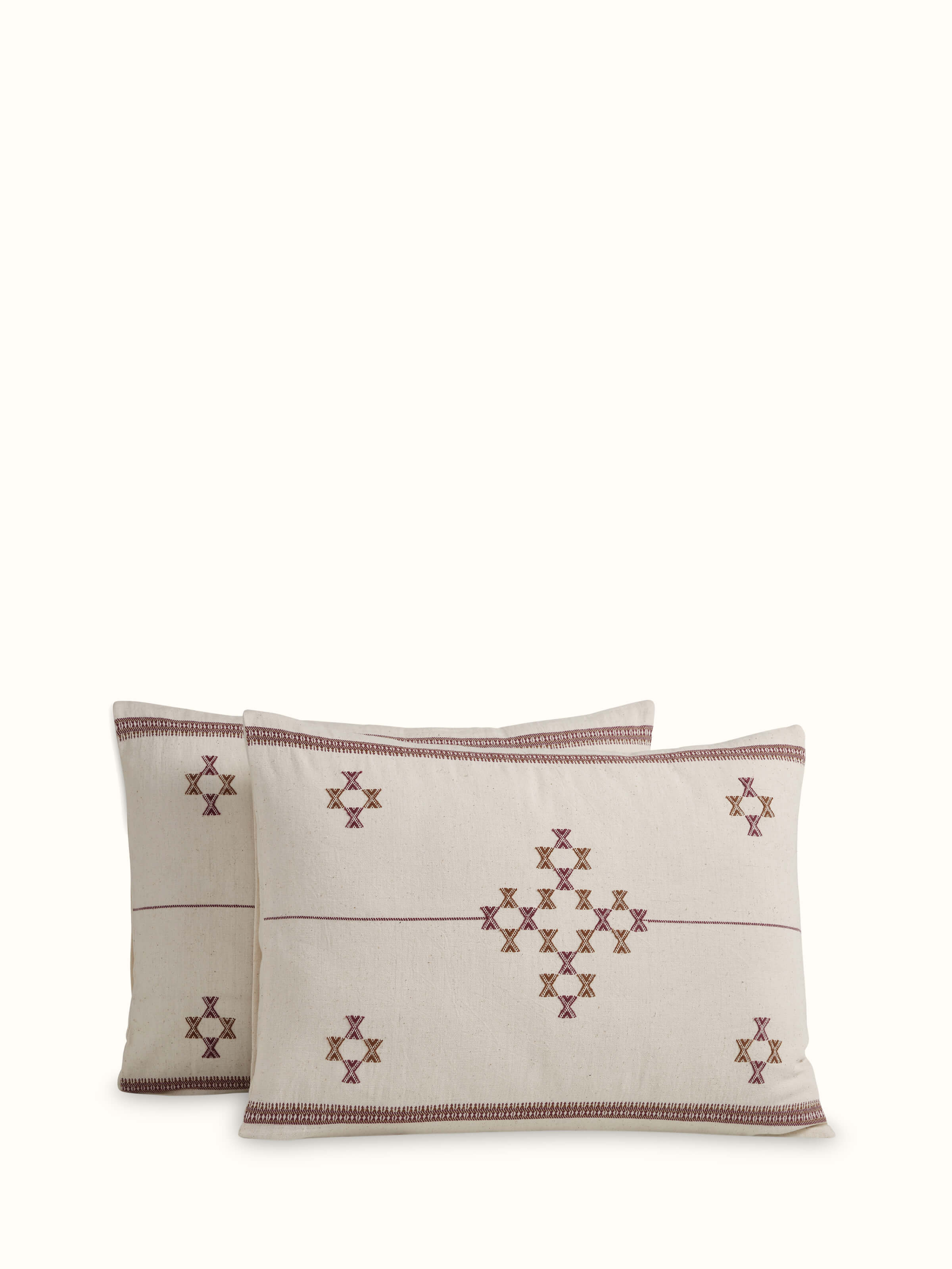 Adalaj pink geometric cotton Bhujodi queen bedspread set - Overhead view showcasing the full set