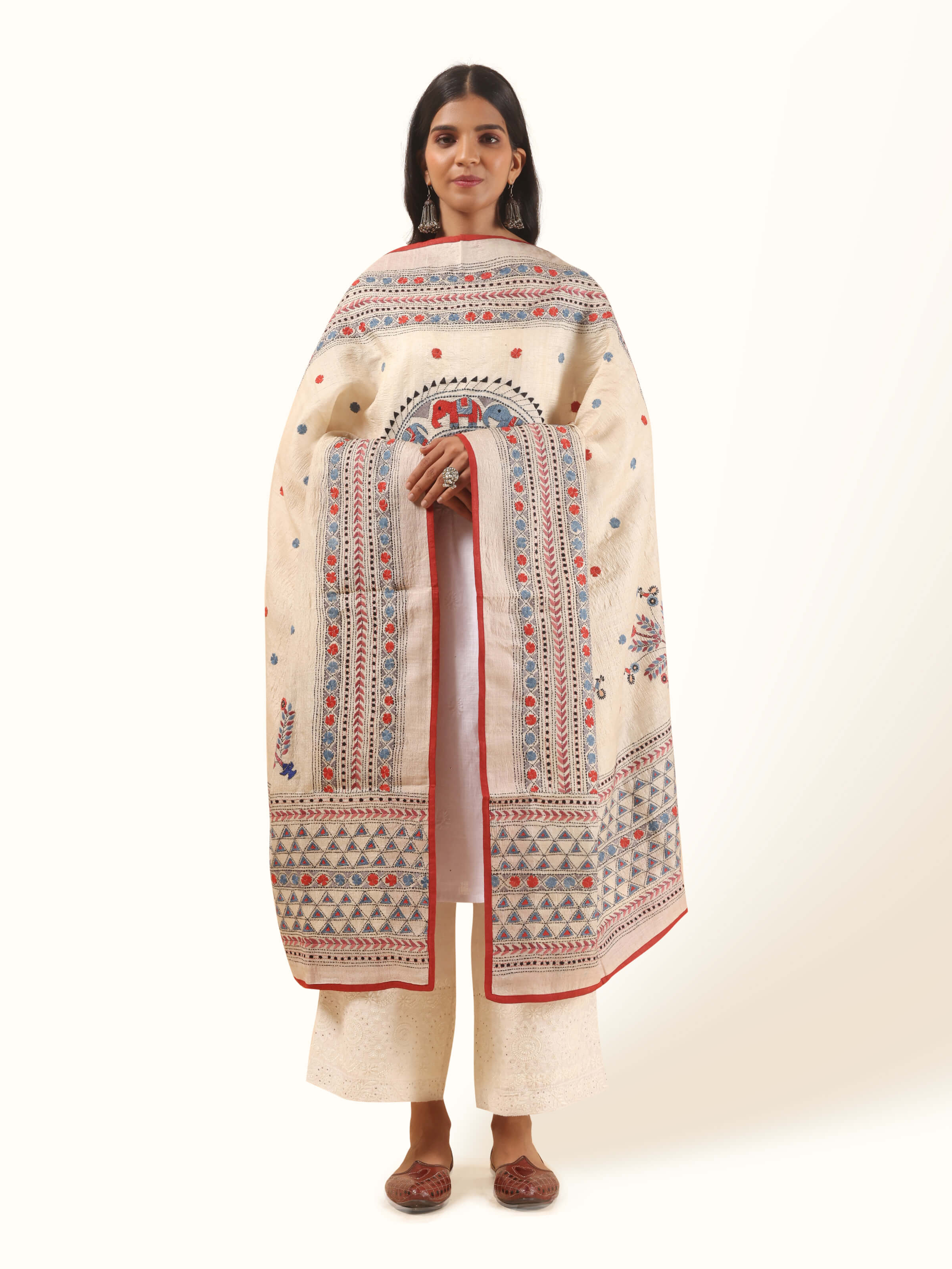 Beige Tussar Silk Kantha Embroidered Dupatta
