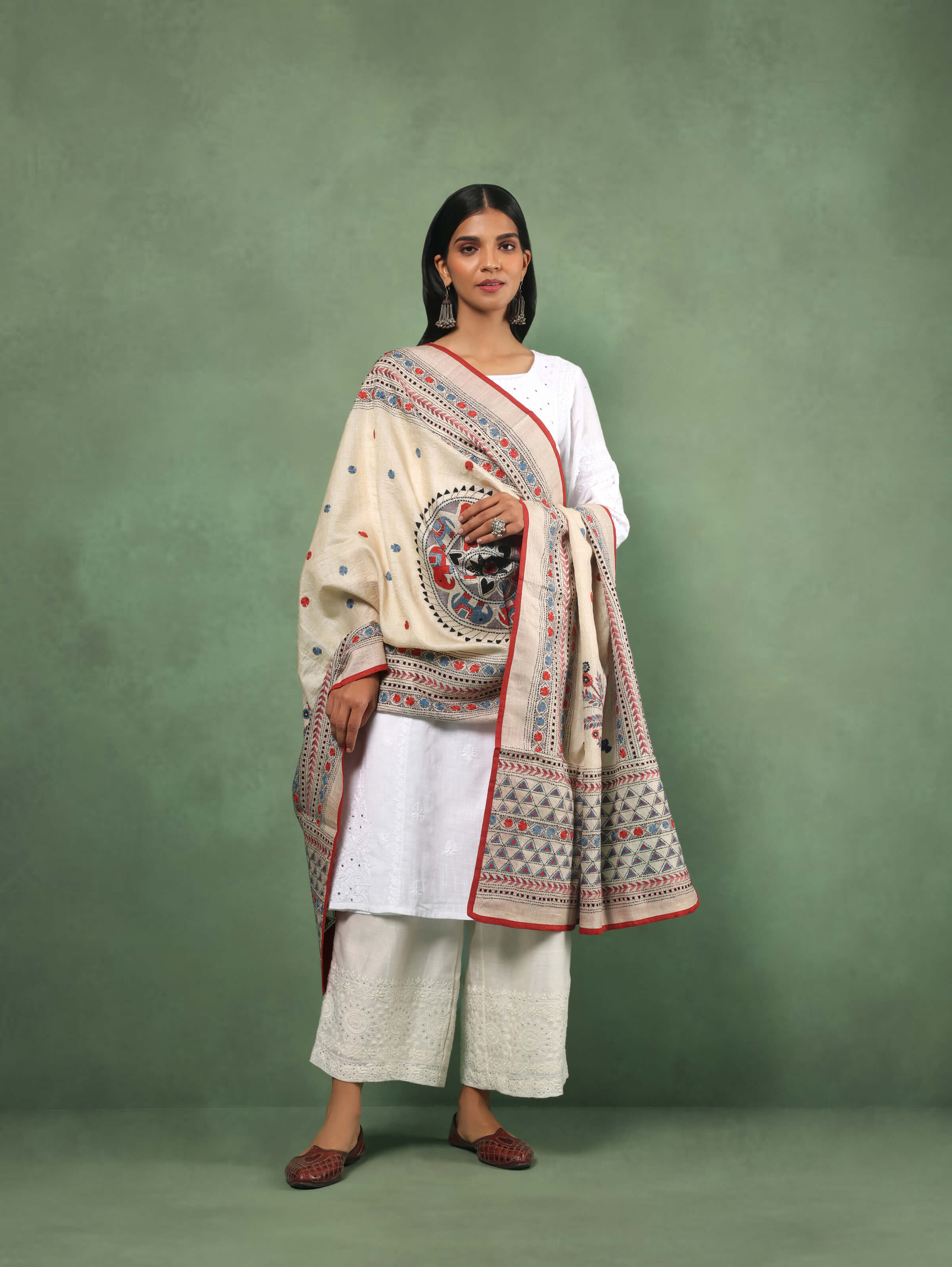 Beige Tussar Silk Kantha Embroidered Dupatta