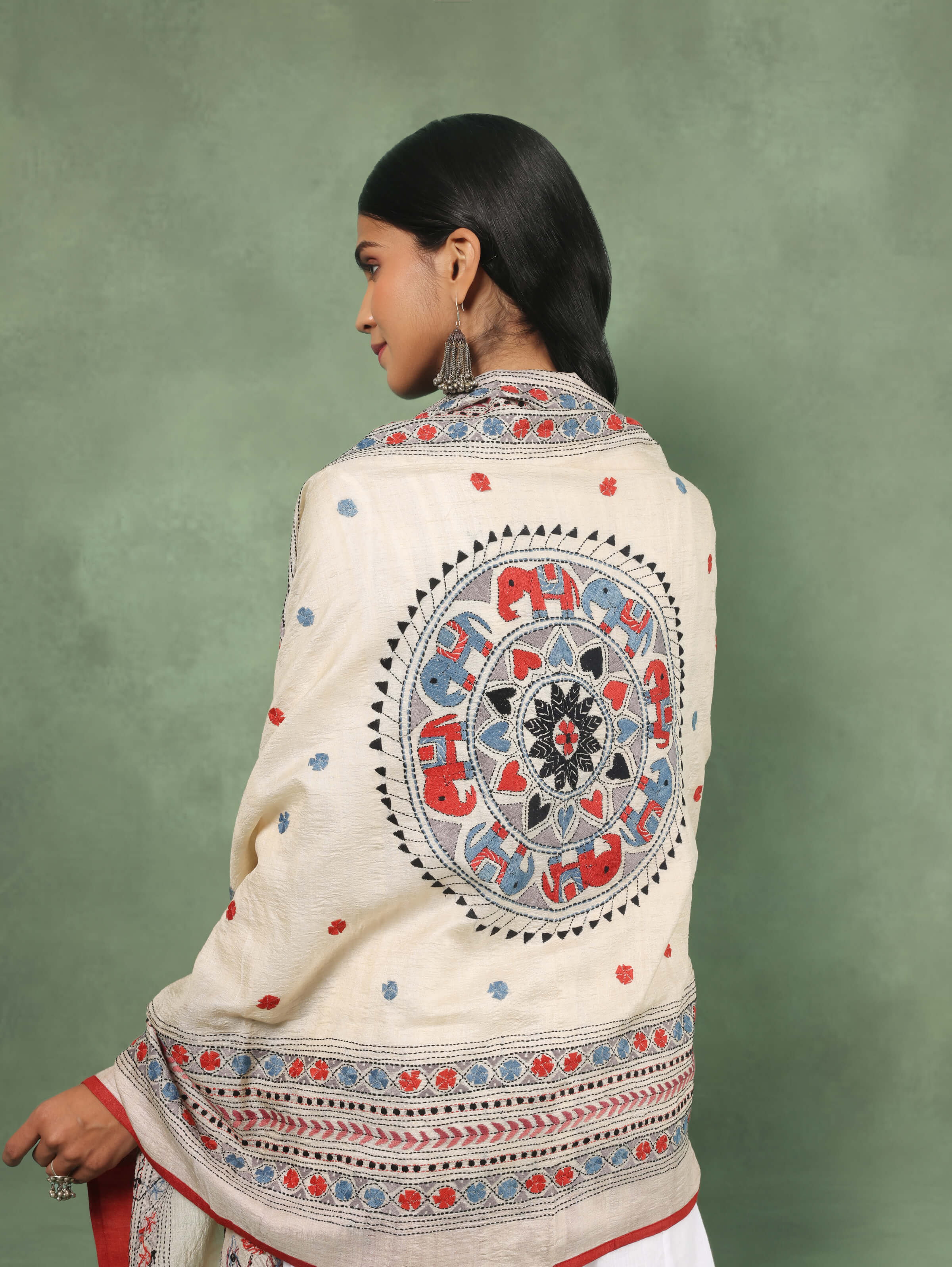 Beige Tussar Silk Kantha Embroidered Dupatta