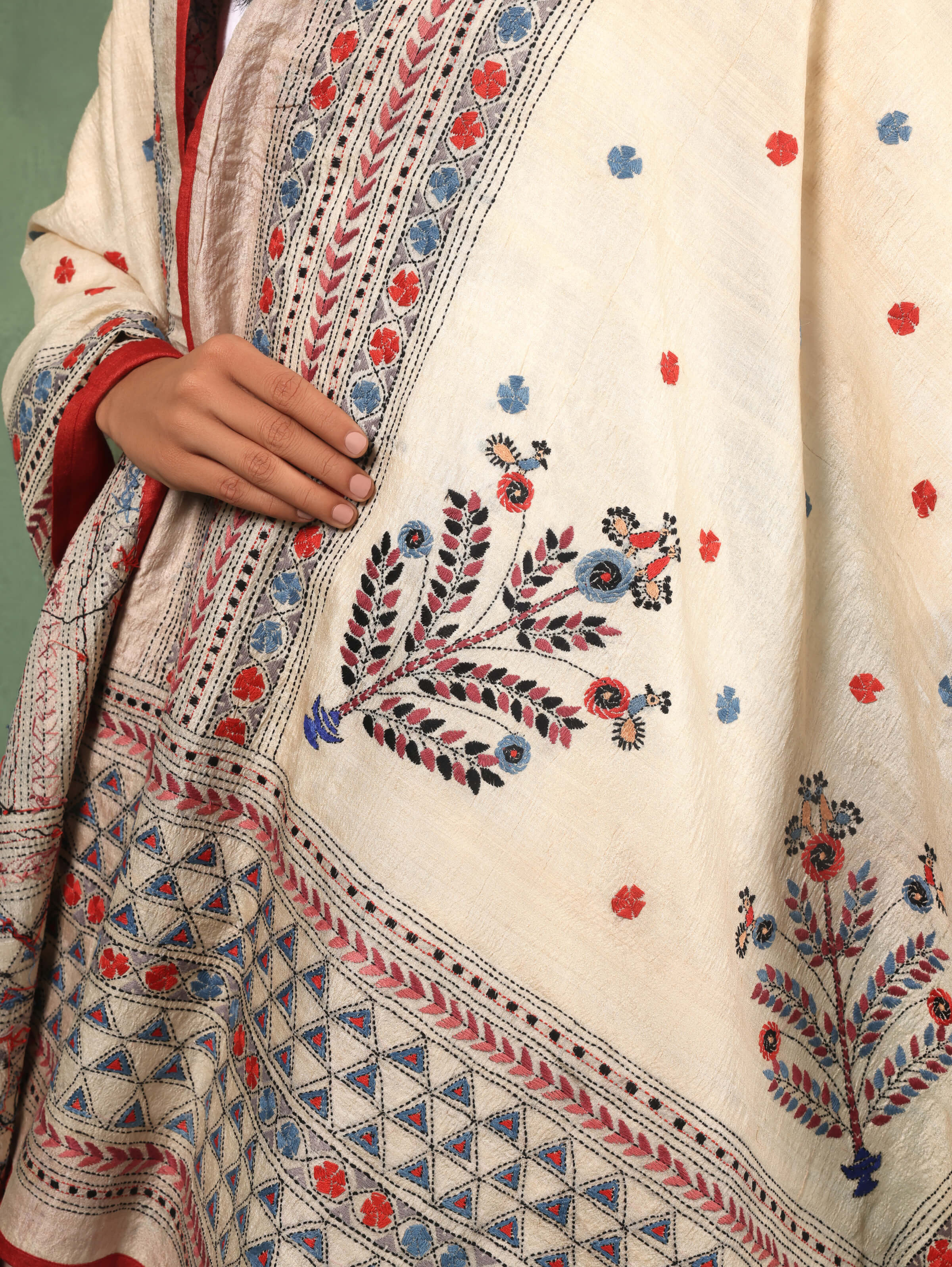 Beige Tussar Silk Kantha Embroidered Dupatta