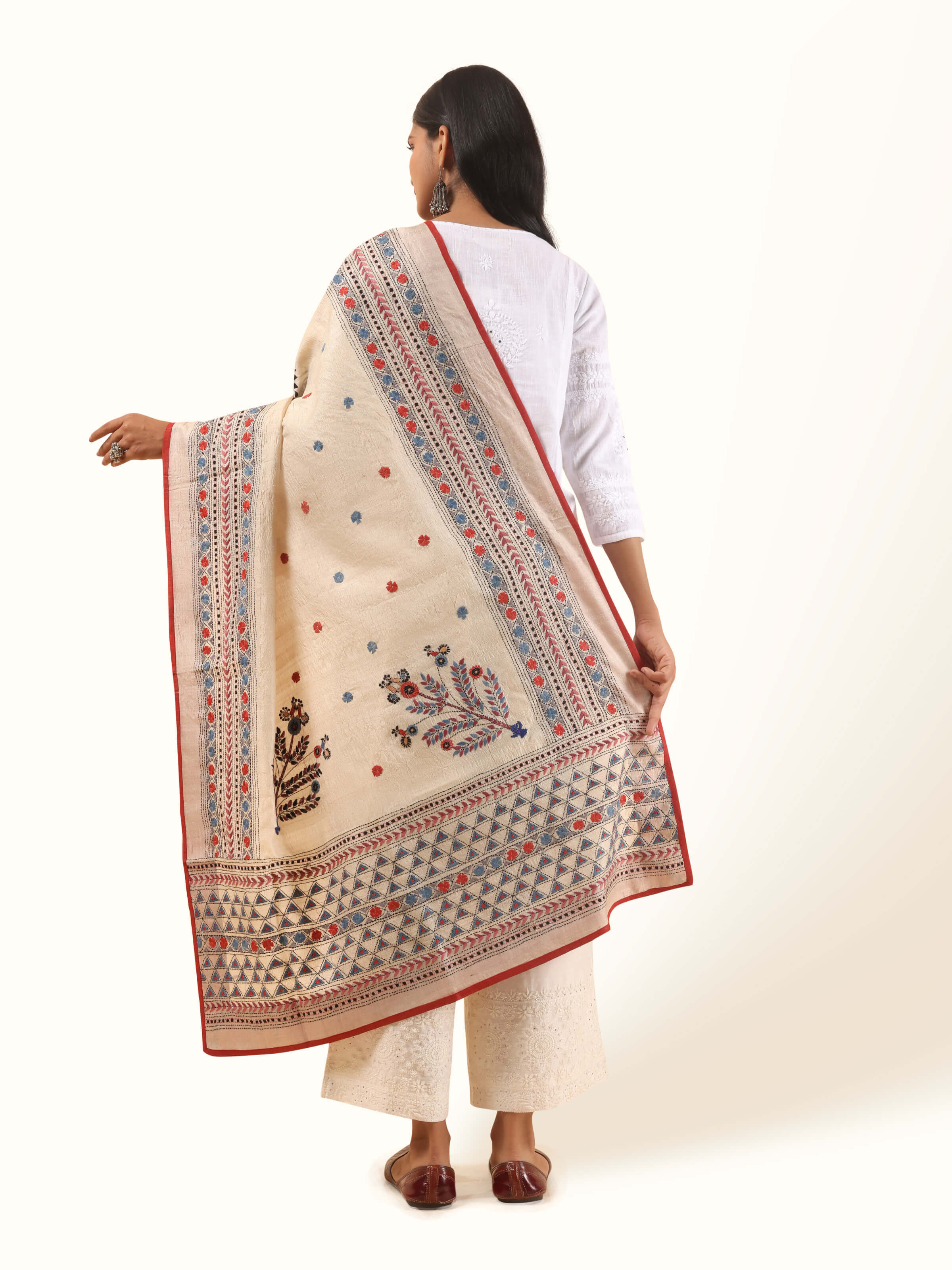 Beige Tussar Silk Kantha Embroidered Dupatta