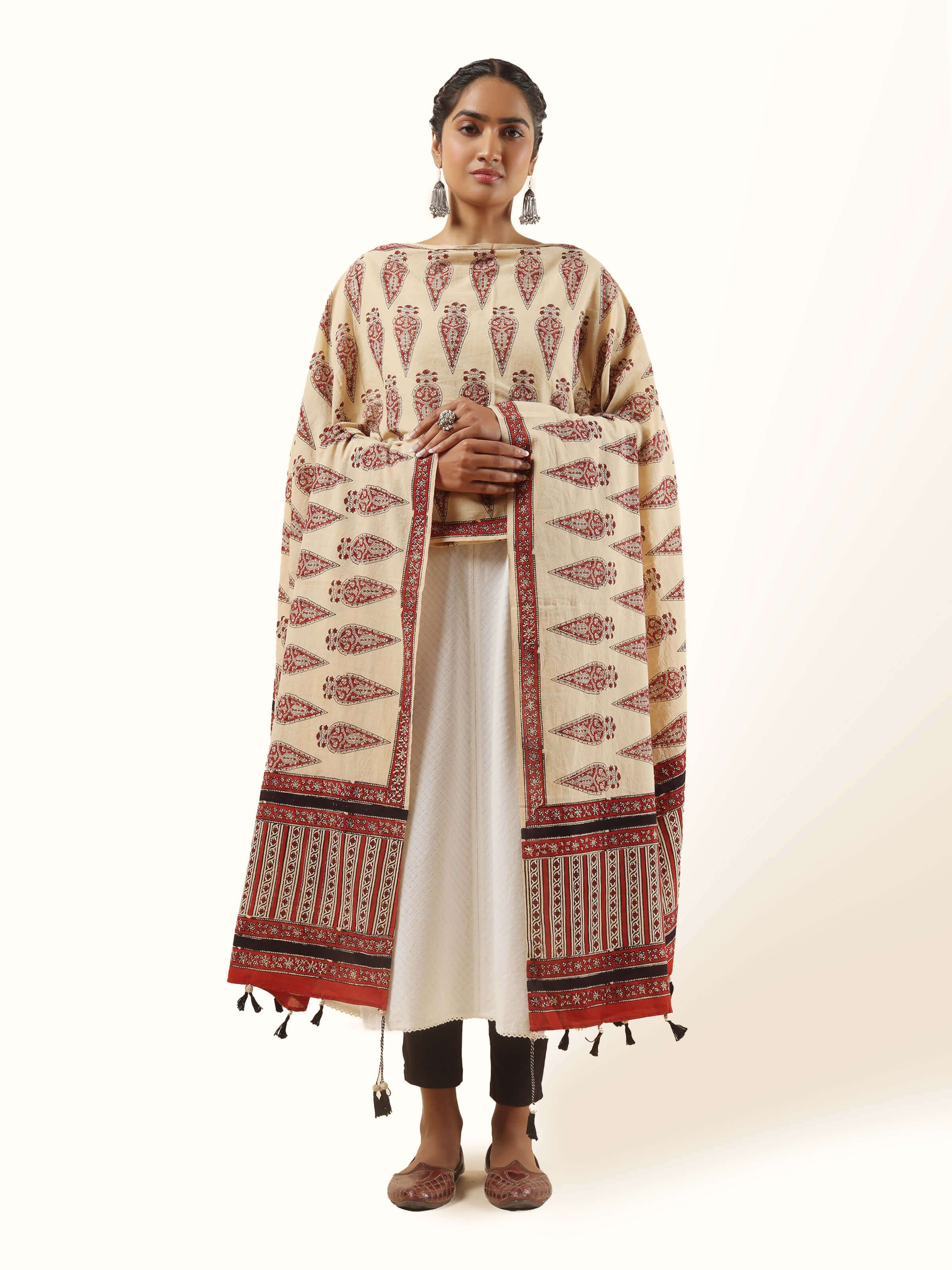 Front view of off-white cotton Bagru block printed dupatta with traditional motifs.