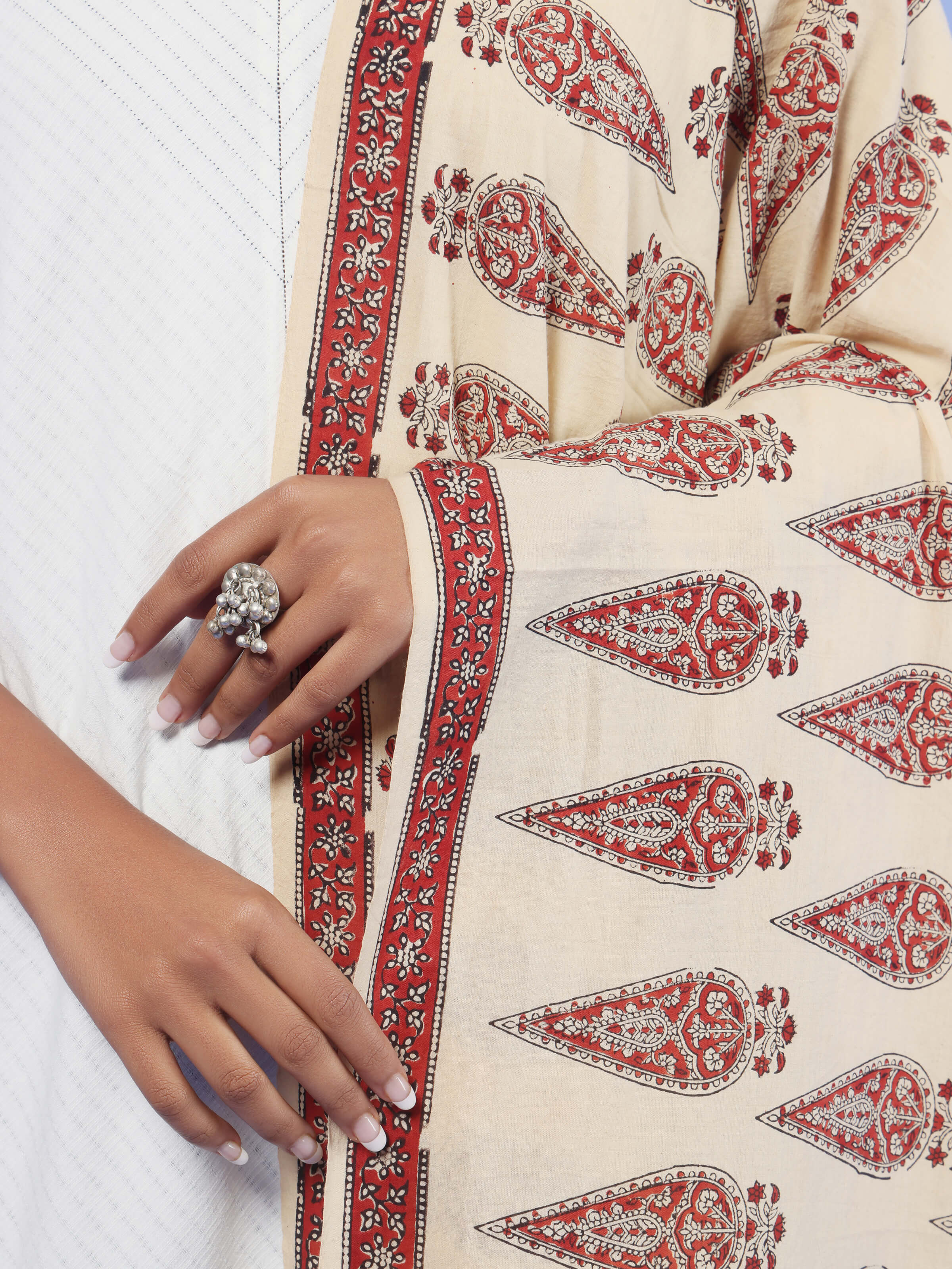 Detail shot highlighting close-up of Bagru block print patterns on dupatta fabric.