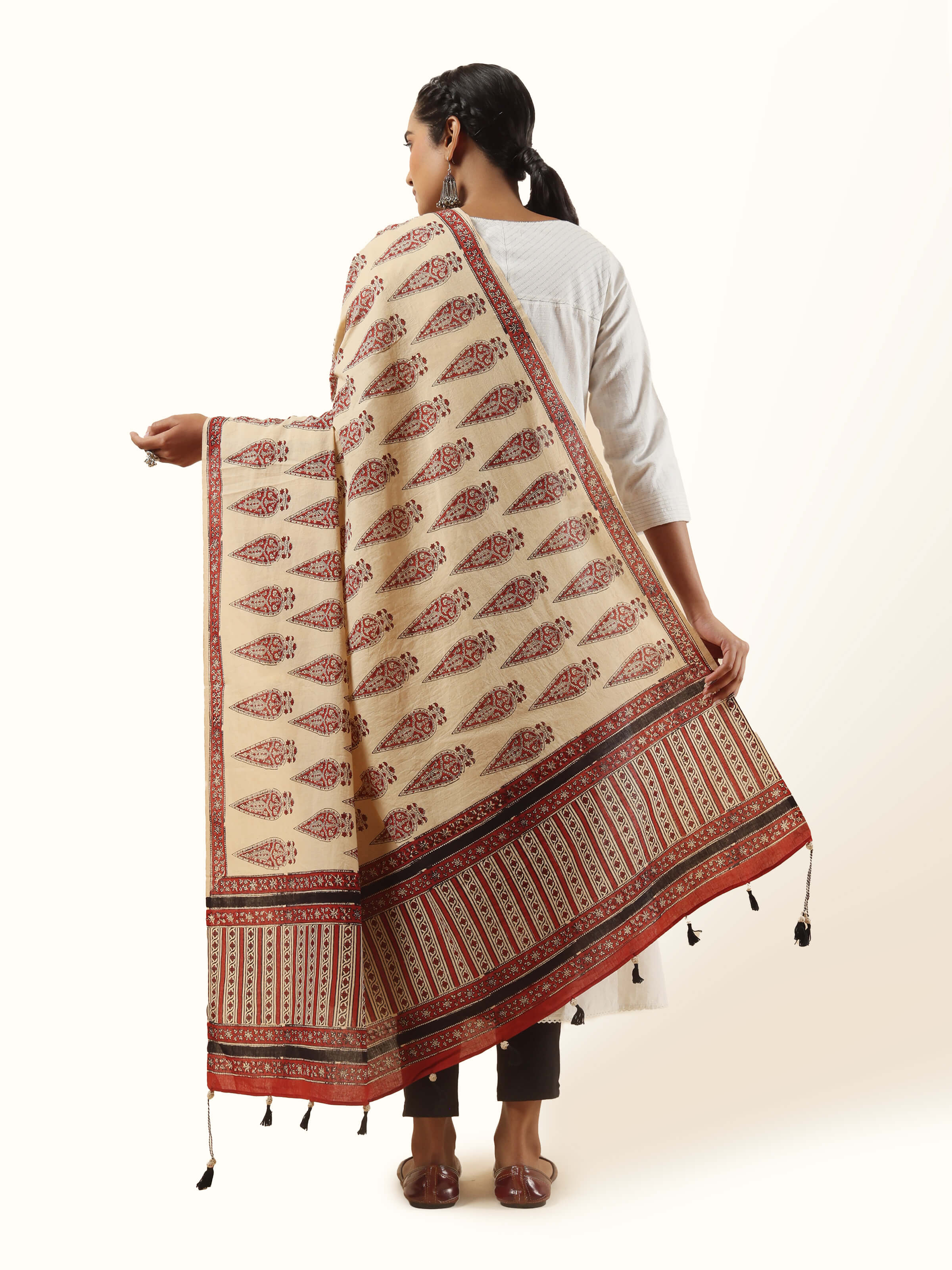 Back view of off-white cotton Bagru block printed dupatta displaying overall print design.