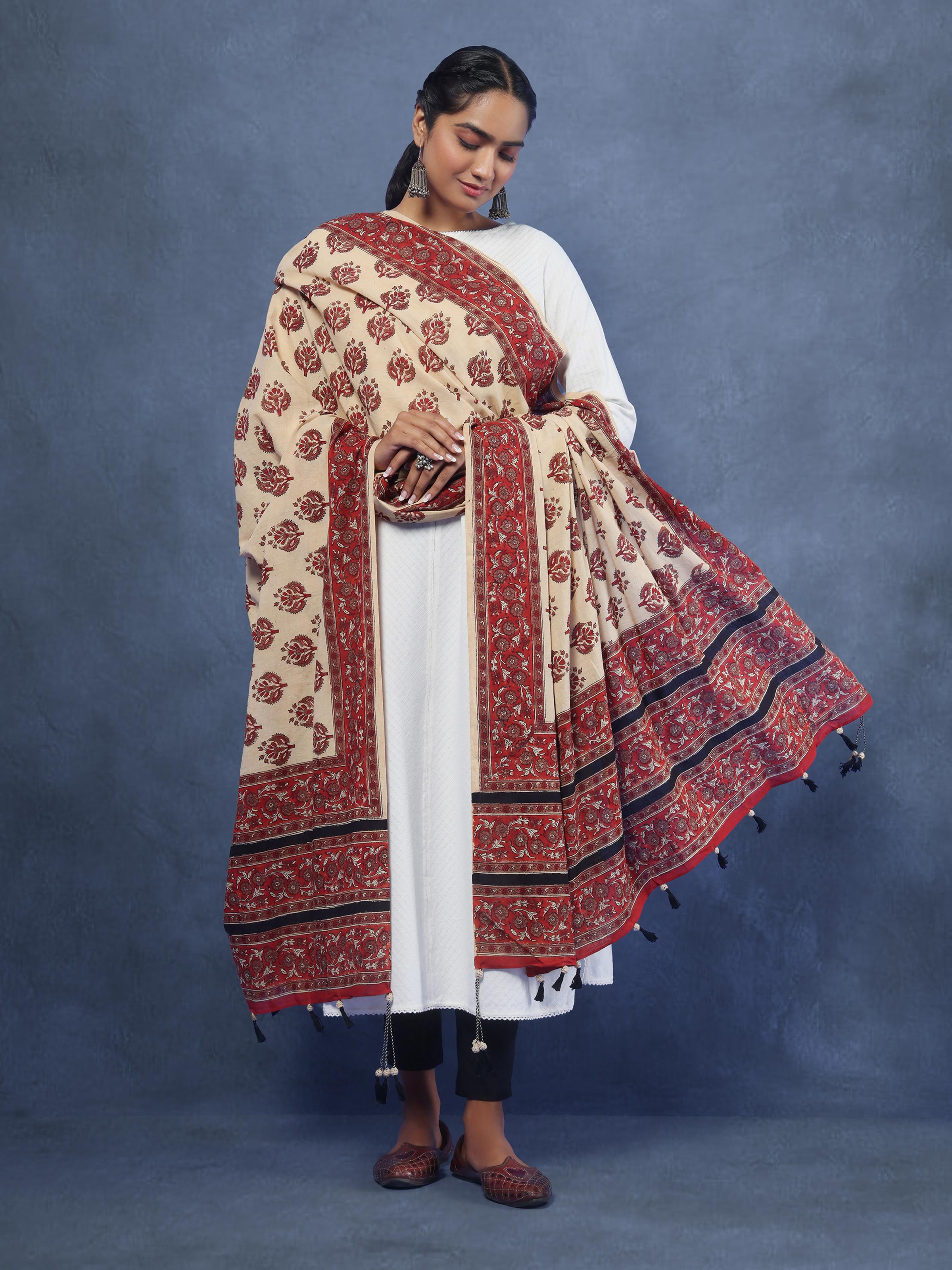 Lifestyle shot showcasing the earthy appeal and folk-inspired design of this versatile dupatta.