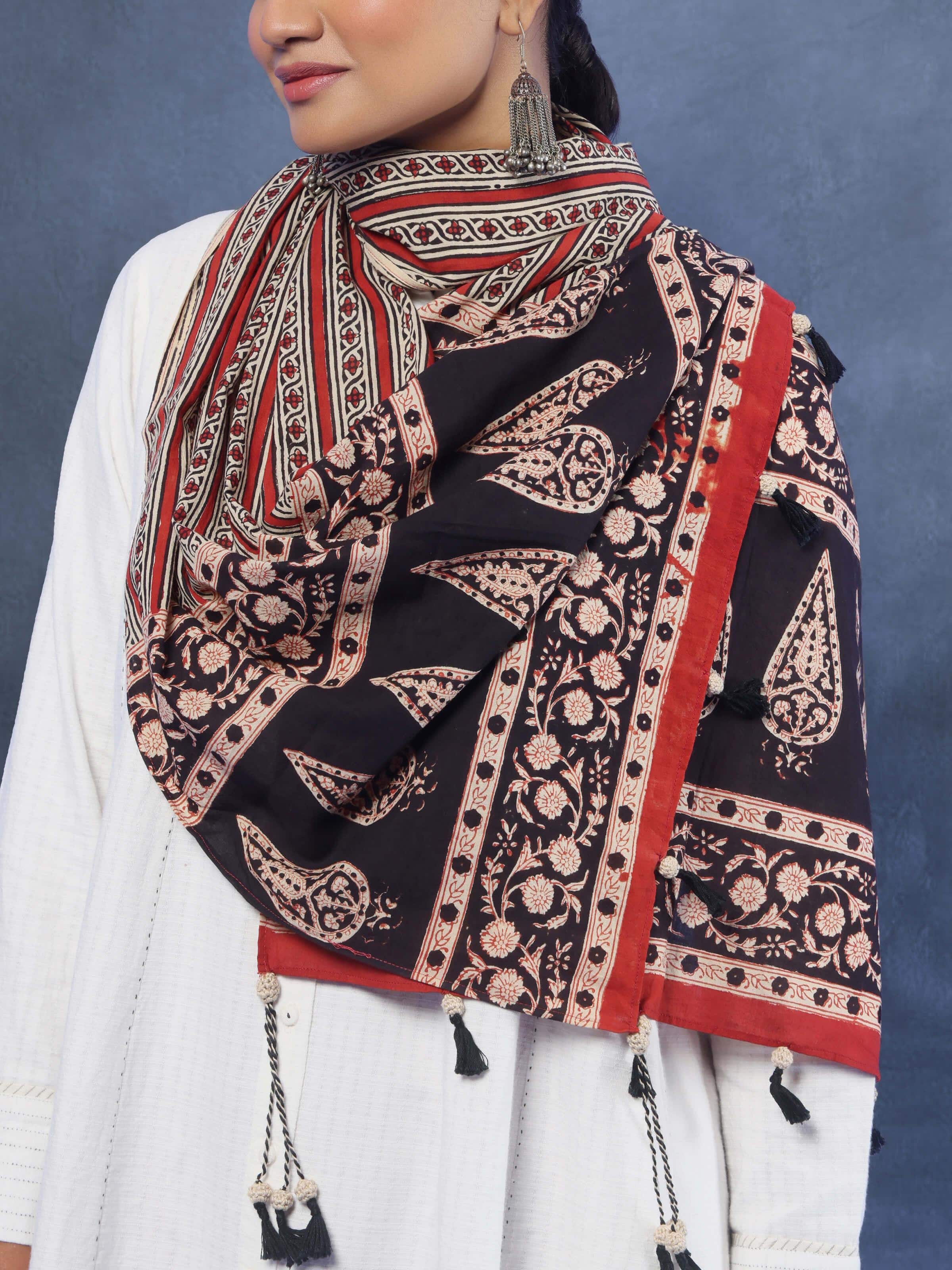 Black Cotton Bagru Block Printed Stole