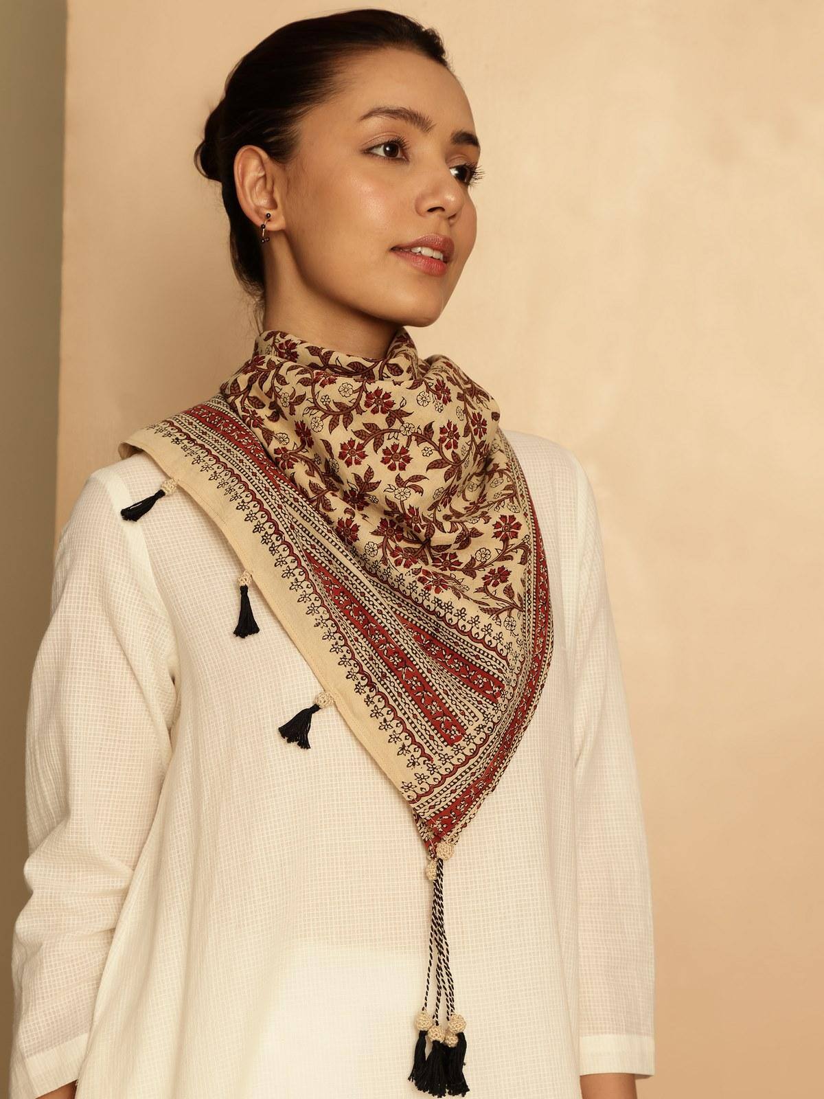 Off-white Cotton Bagru Block Printed Stole