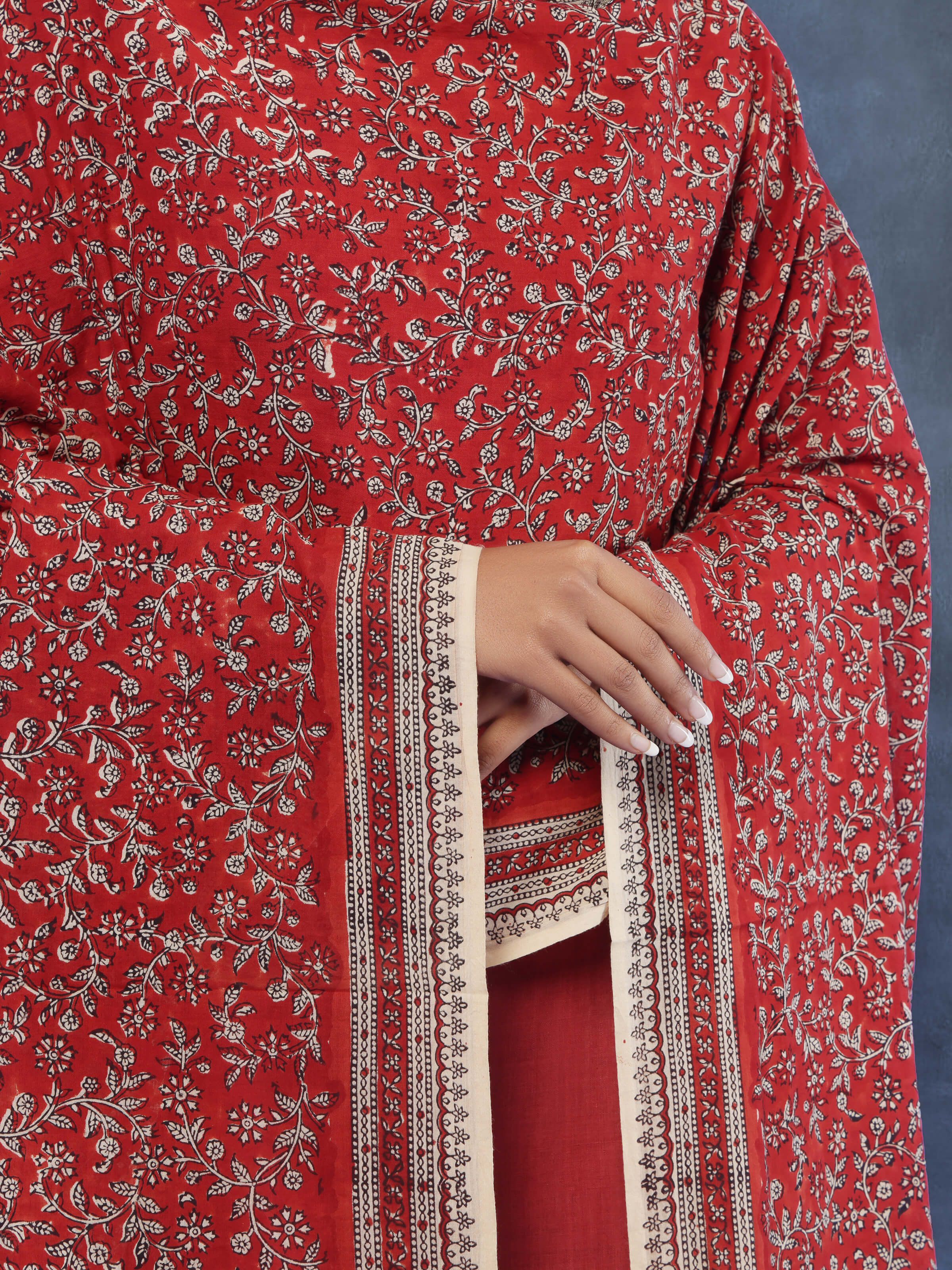 Close-up detail of Bagru printed dupatta capturing fine hand-block motifs on soft cotton.