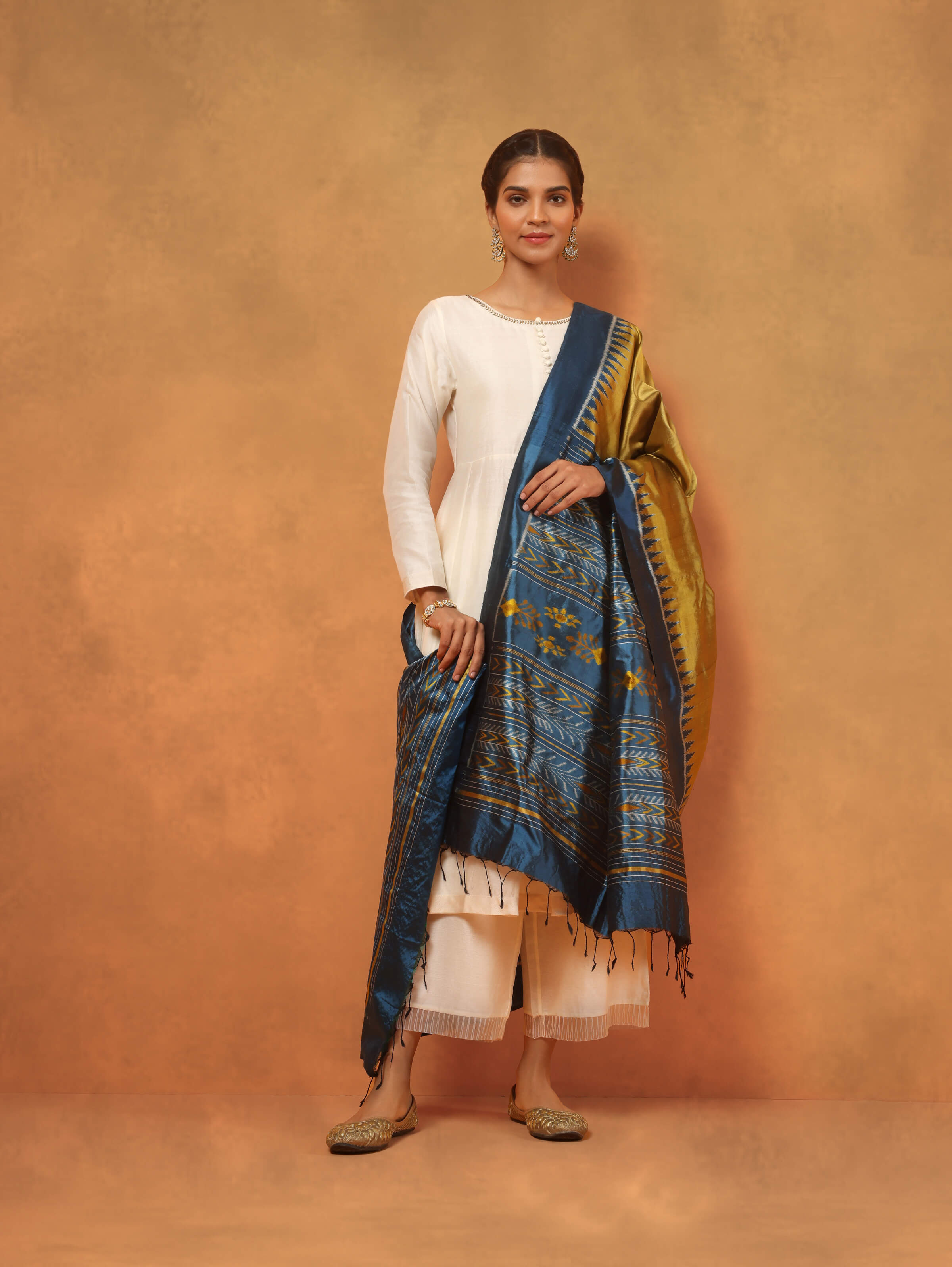 Blue & Golden Silk Odisha Ikat Dupatta