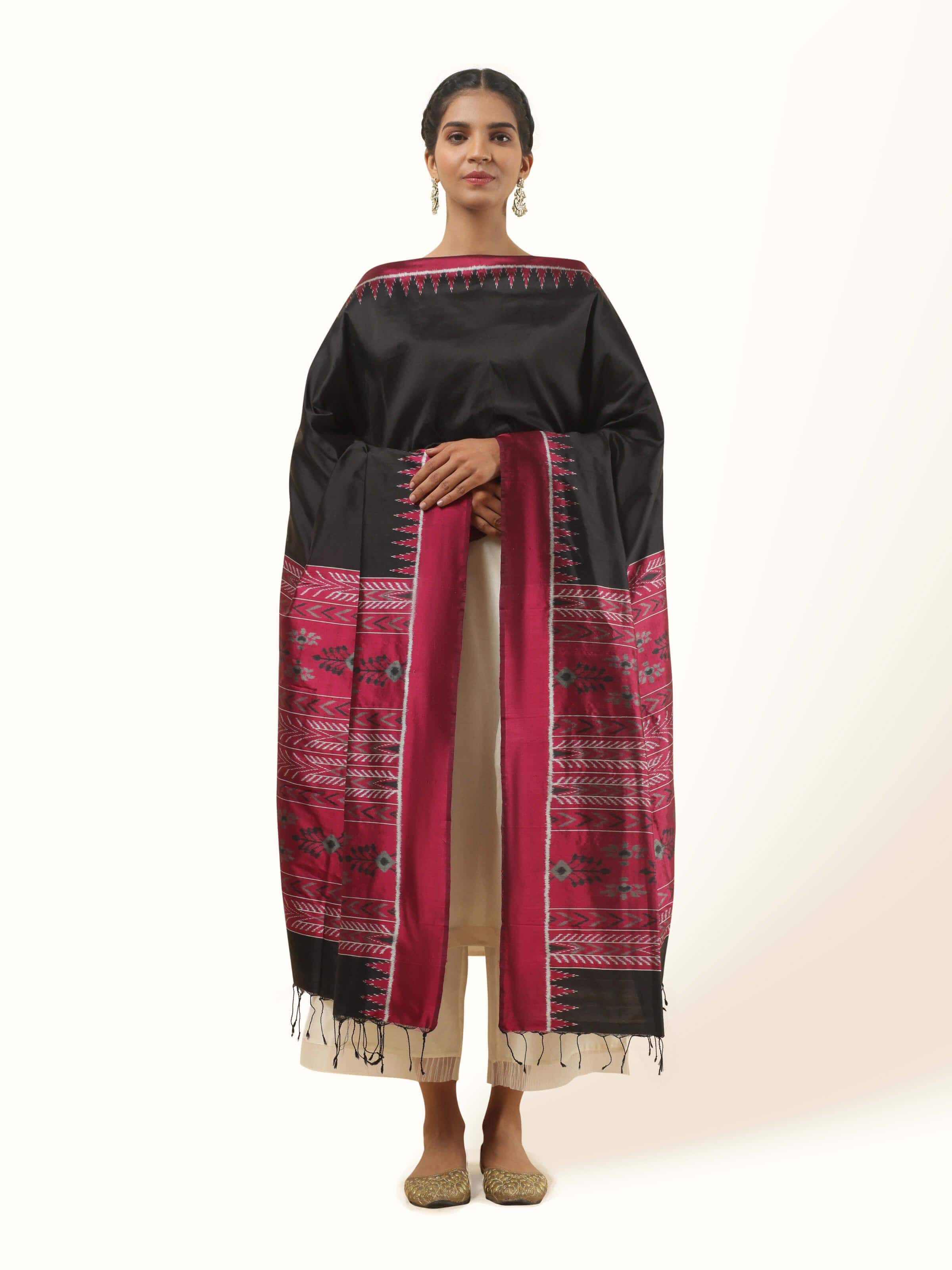 Pink and black silk Odisha Ikat dupatta front view showing bold Ikat patterns and vibrant colors