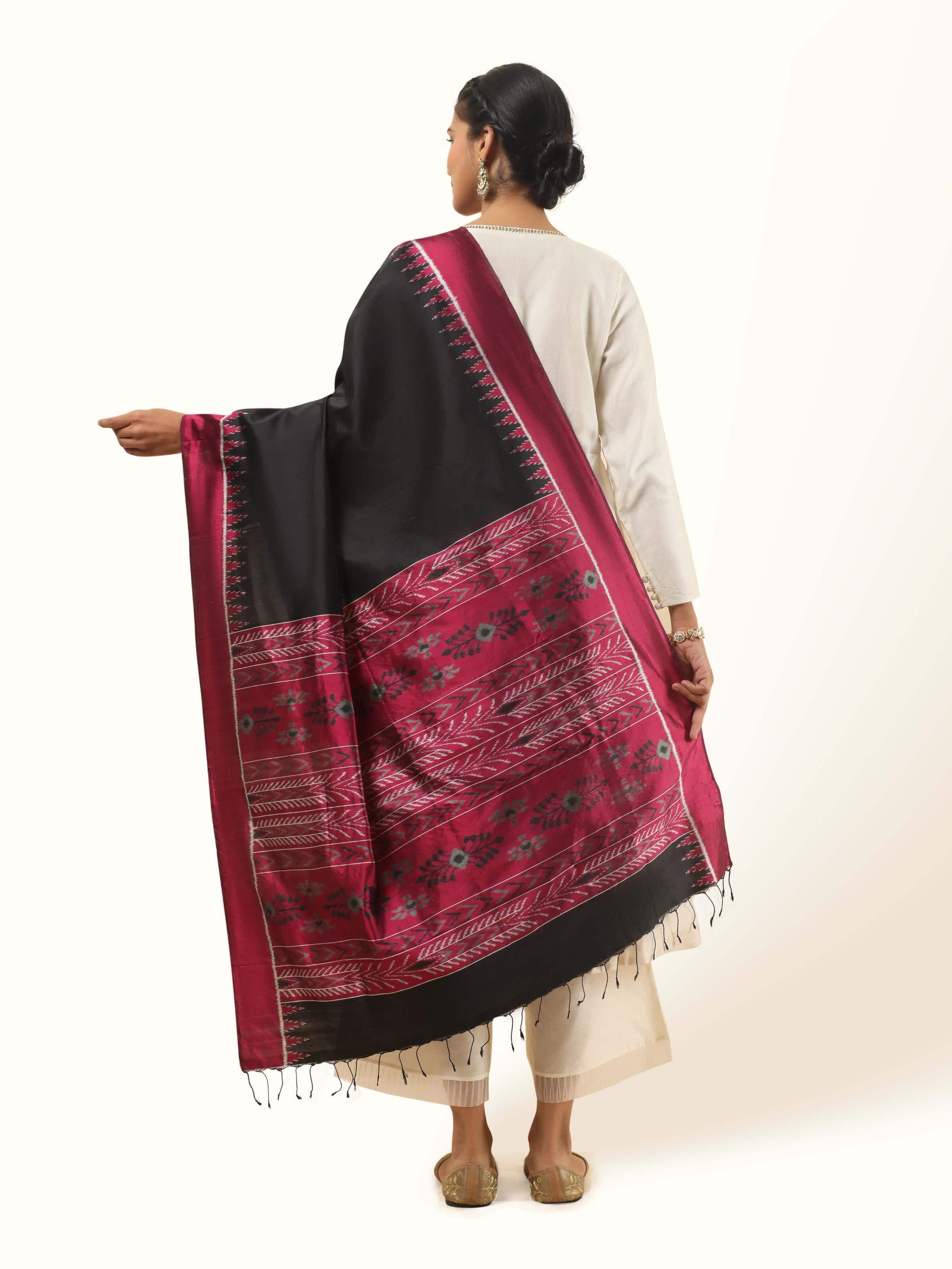 Pink and black silk Odisha Ikat dupatta back view displaying full pattern and finishing