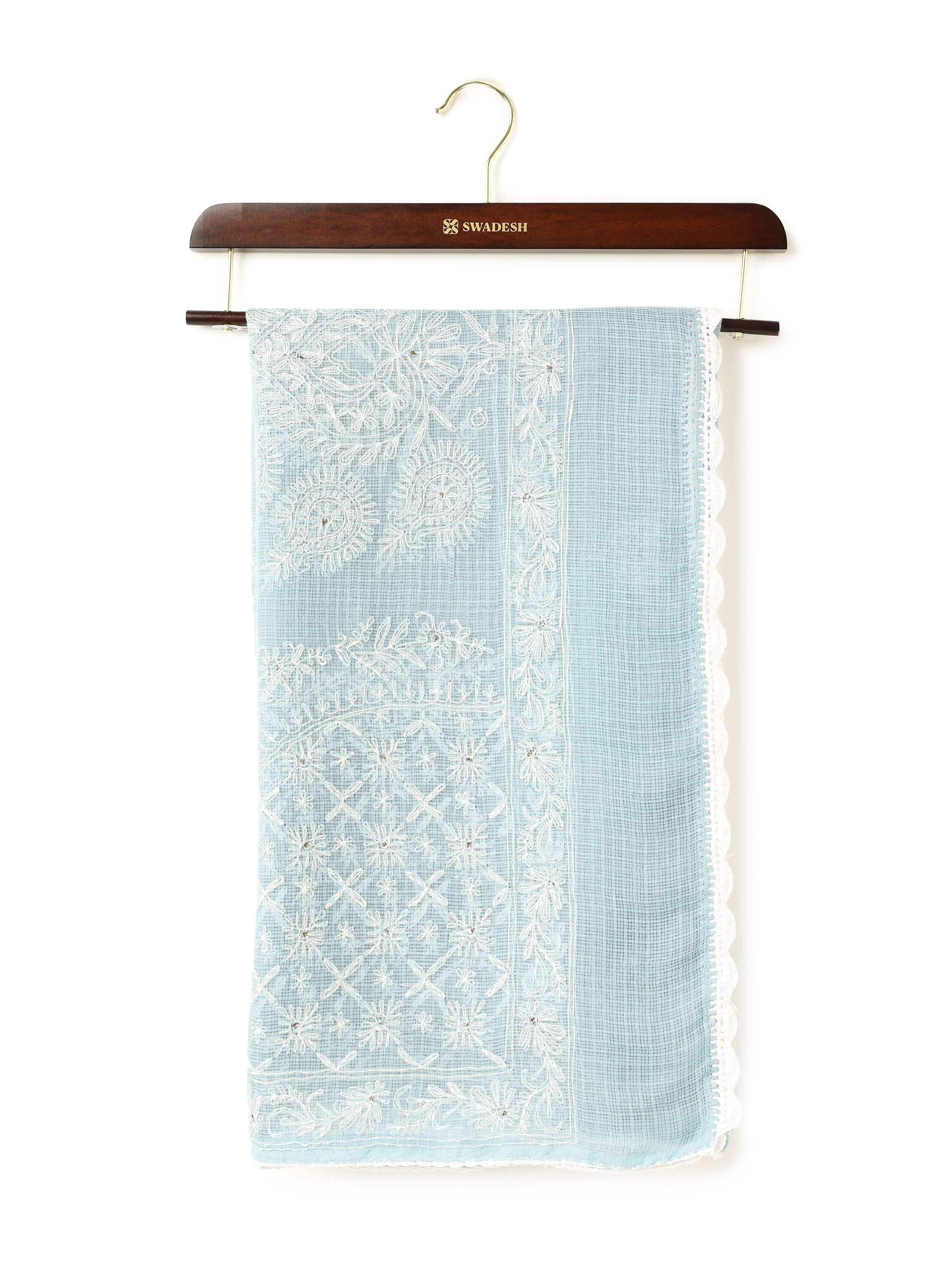 Light Blue Cotton Silk Chikankari Dupatta
