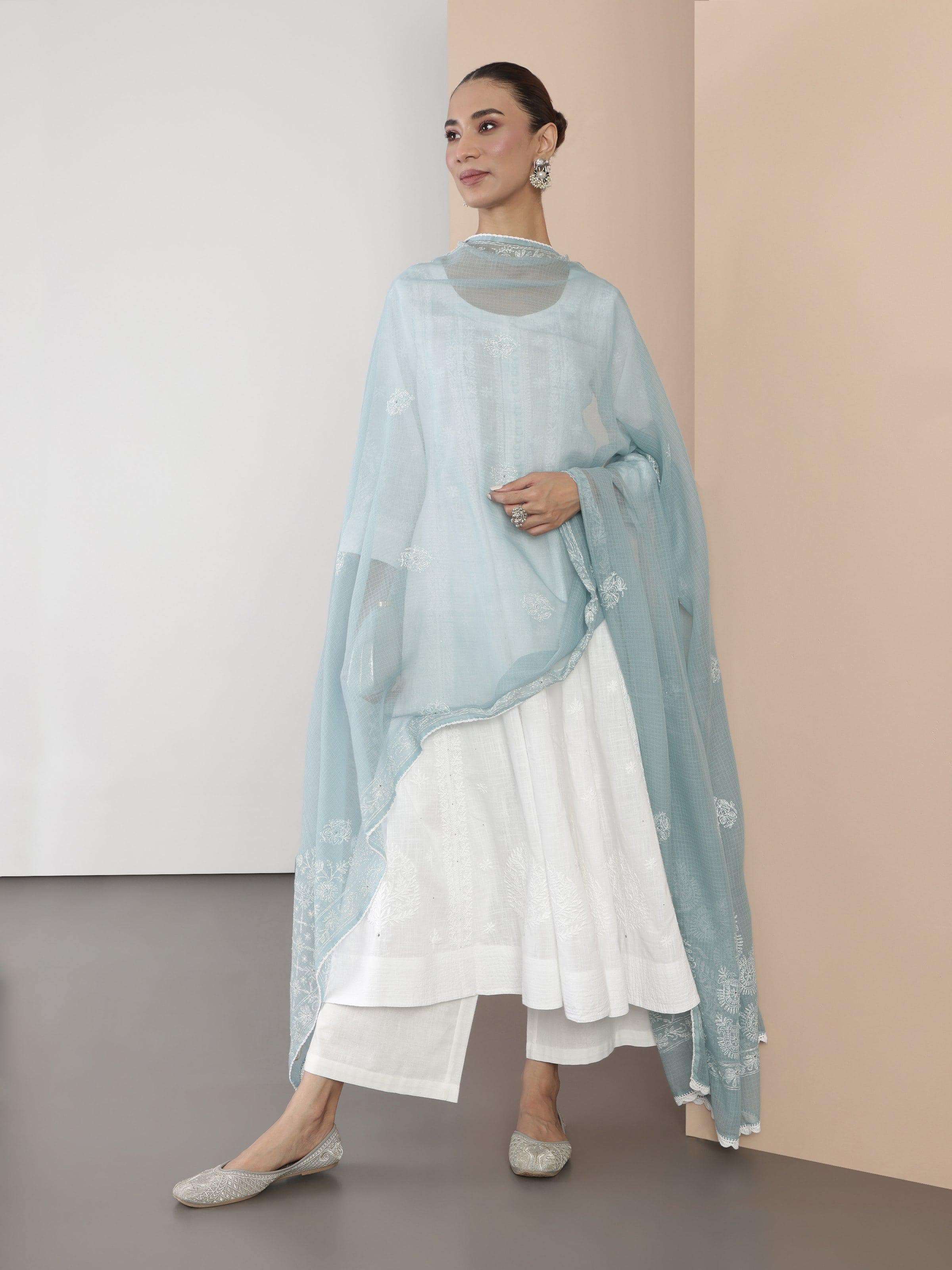 Light Blue Cotton Silk Chikankari Dupatta